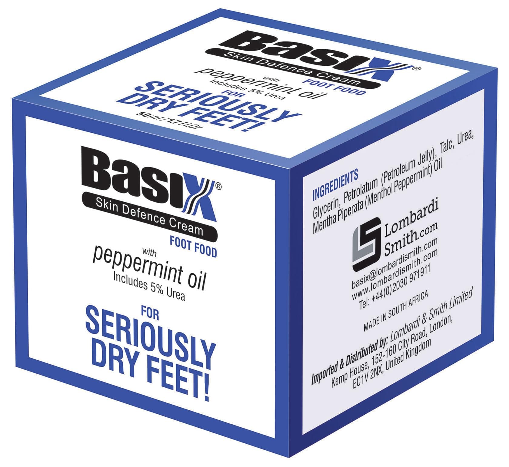 Basix Skin Defence Cream Foot Food Foot Repair and Restoration Balm for Dry Feet and Cracked Heels with 5% Urea and Peppermint Oil Soothes, Repairs, Stimulates and Invigorates Tired Feet