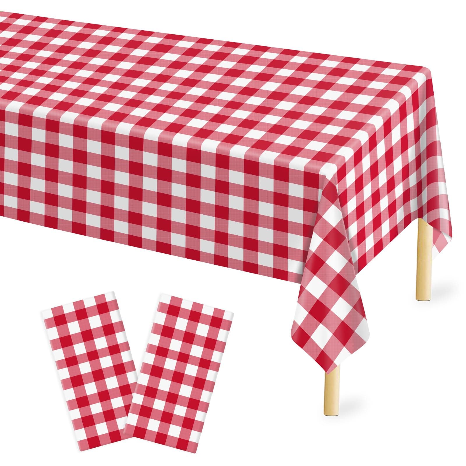 Mulbozy 2 Pcs Red and White Checkered Tablecloth, 54 × 108 inches Disposable Red Plaid Table Covers Plastic Gingham Tablecloth for Outdoor Picnic Birthday Baby Shower Holdiay Party Decoration