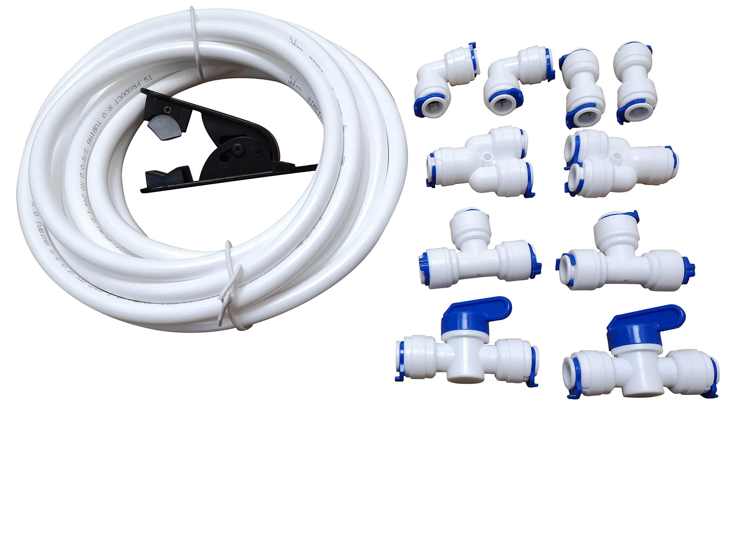 3/8" inch Quick Connect Water Purifiers Tube Fittings for RO Water Reverse Osmosis System (Ball Valve+L+Y+I+T Type) + PVC Pipe Tube Hose Cutter + 5 Meters/16 Feet Tubing Pipe (White)