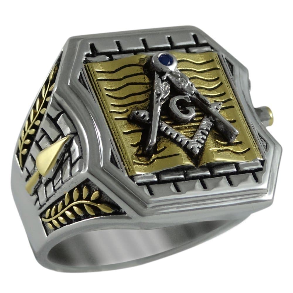 UNIQABLEHistorical Master Mason Bible Sterling Silver 925 Masonic 18k Gold Plated Freemason Man Size Ring KTR009
