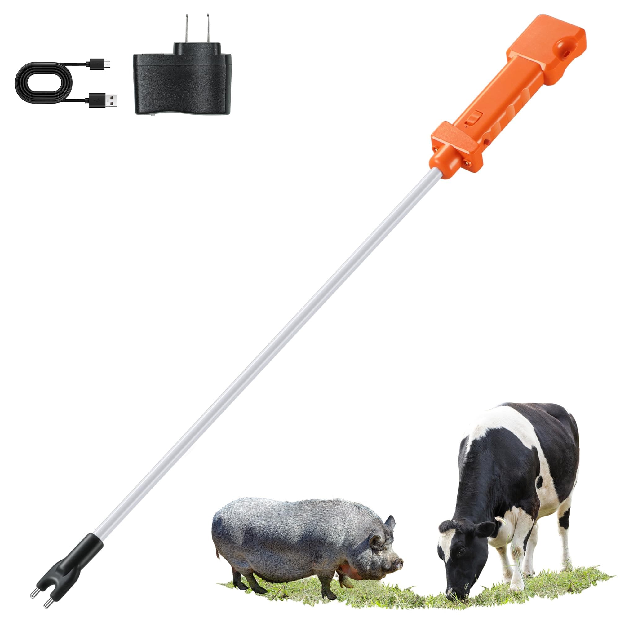 Cattle Prod, Waterproof Cattle Prod Stick with 2 LED Light, Rechargeable Electric Livestock Prod, Flexible Shaft (Total Length 34.7 Inch) for Cattle, Cow, Dog, Hog, Goat, and Sheep.