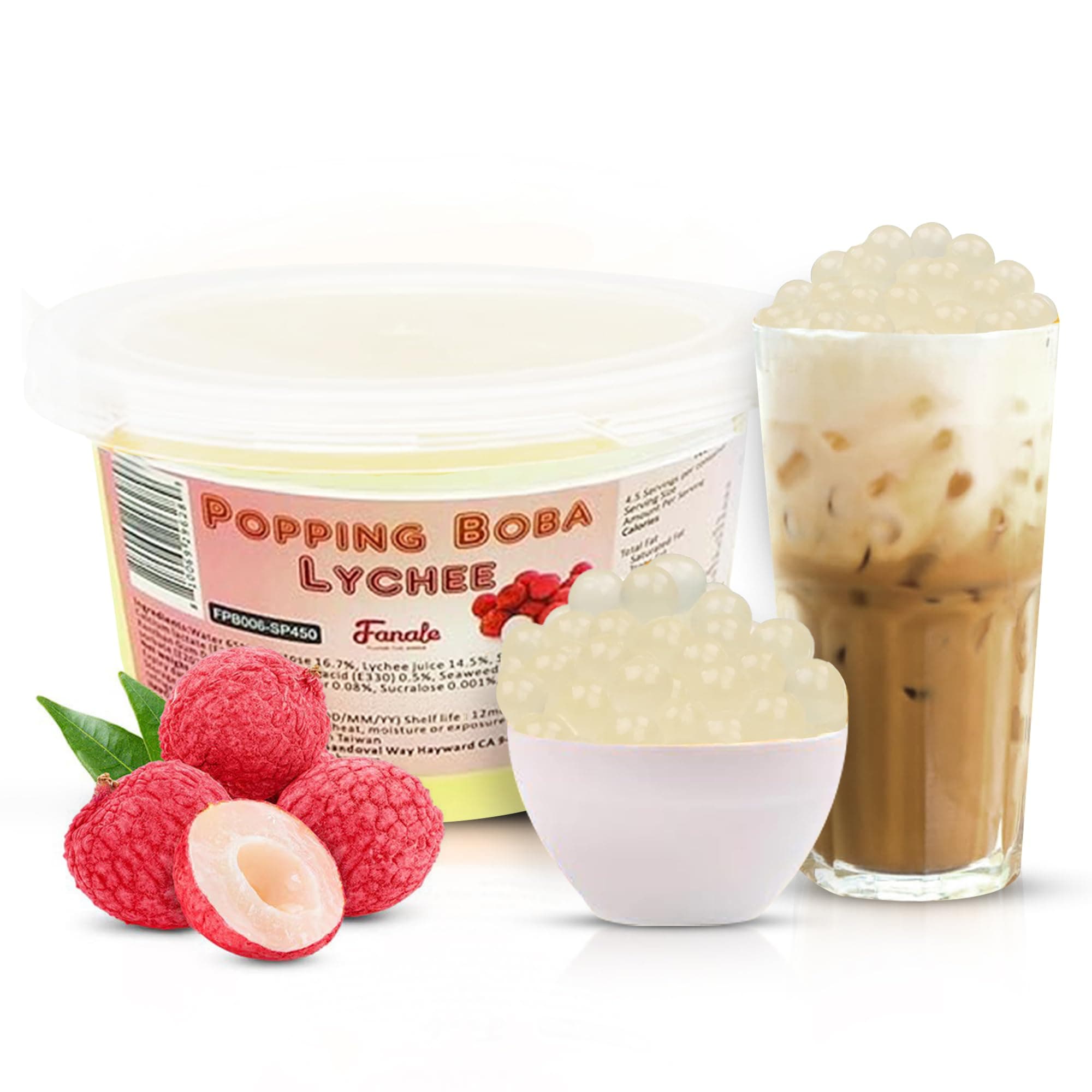 Fanale Lychee Popping Boba, 100% Fat Free, Vegan, Bursting Boba Pearls, Flavored Pearls for Bubble Tea, Shakes, Desserts & Smoothie, Popping Boba Pearls, 1 Pound (Pack of 1)