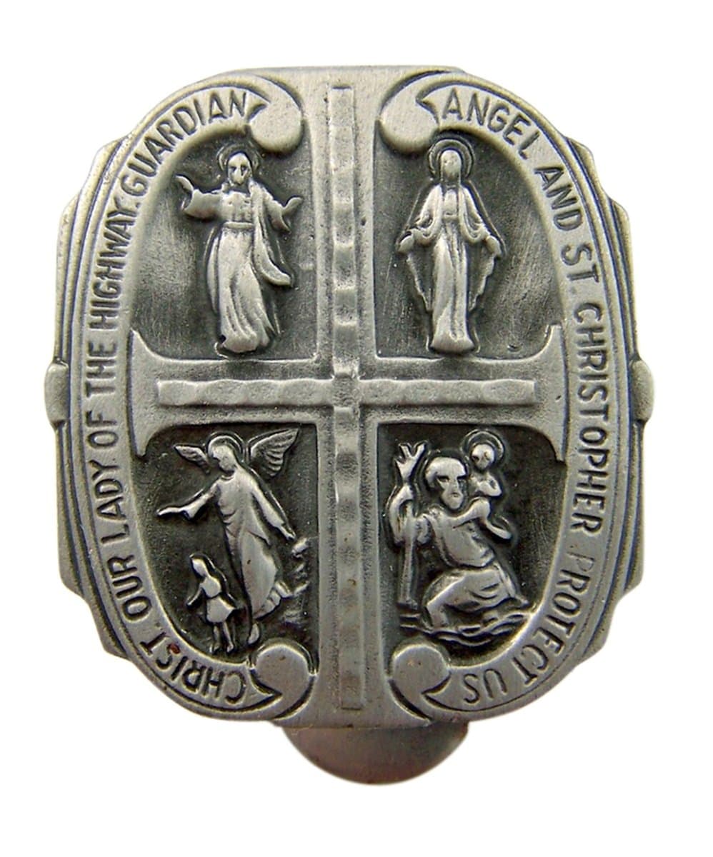 Fine Pewter Four Way Cross Religious Medal Auto Visor Clip, 1 5/8 Inch