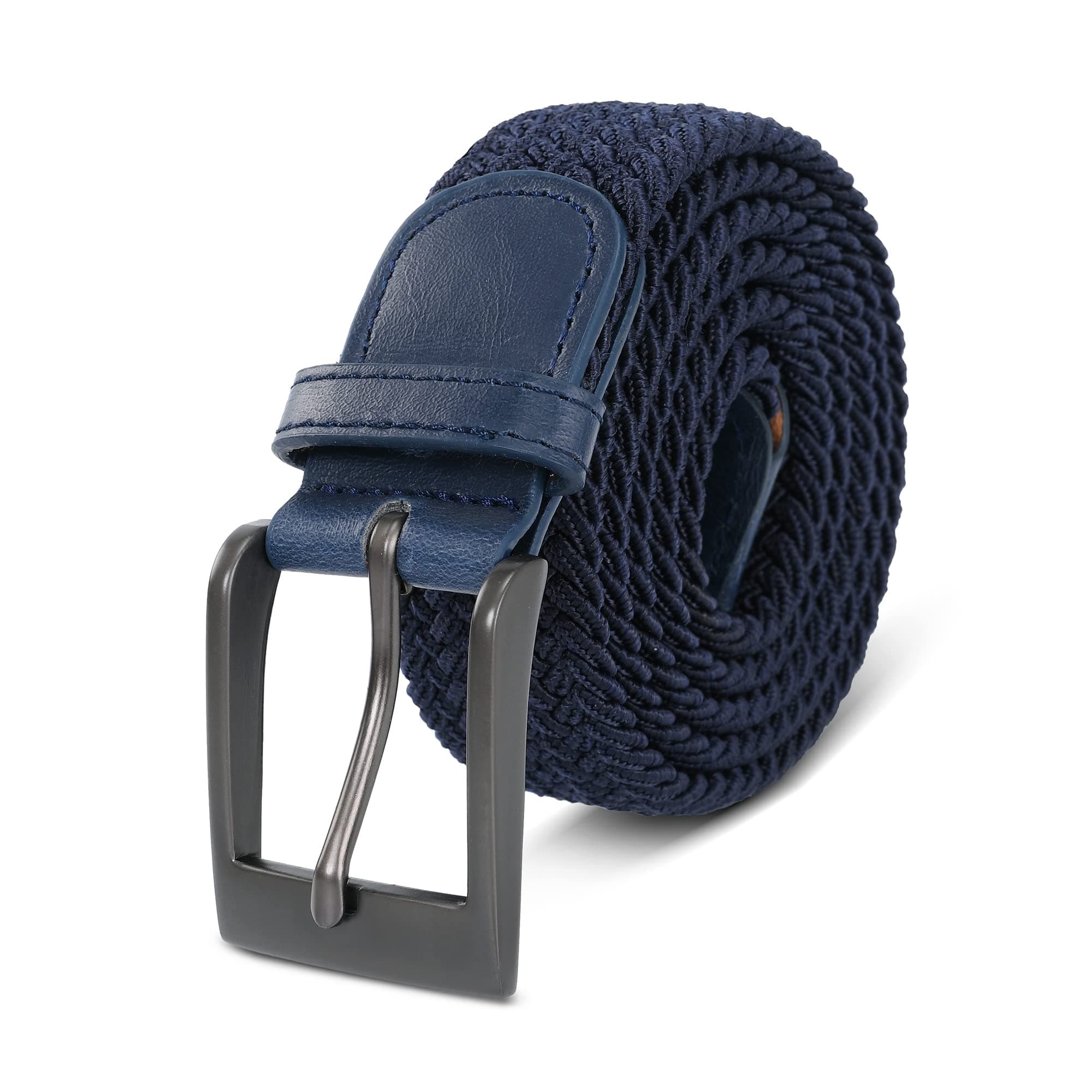 Braided Stretch Elastic Belt Pin Square Matte Black Belt Buckle PU Leather Loop End Tip for Men Women Junior