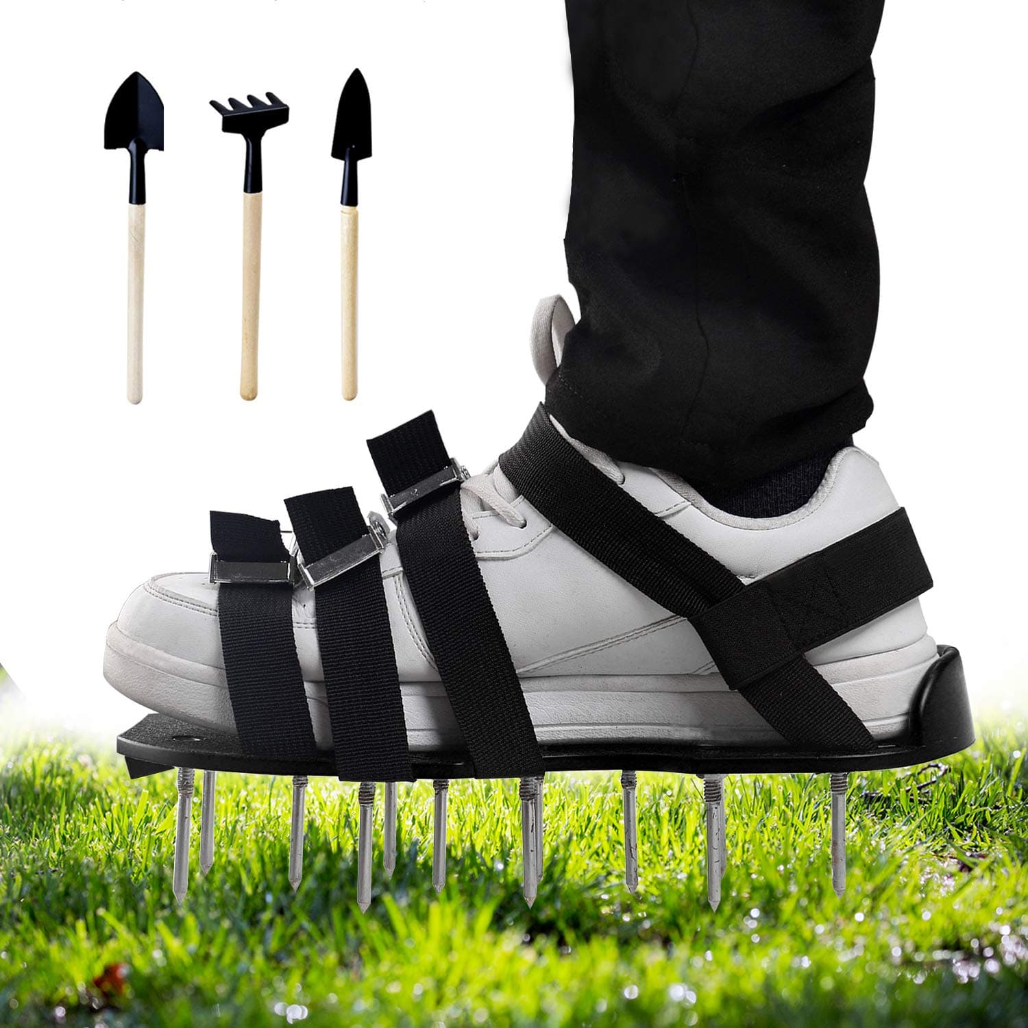 Mavicen Lawn Aerator Shoes with Zinc Alloy Buckles and 4 Adjustable Straps for Aerating Your Yard, Lawn, Roots & Grass Extra Mini Wrench and 3 Shovels Included (Black)