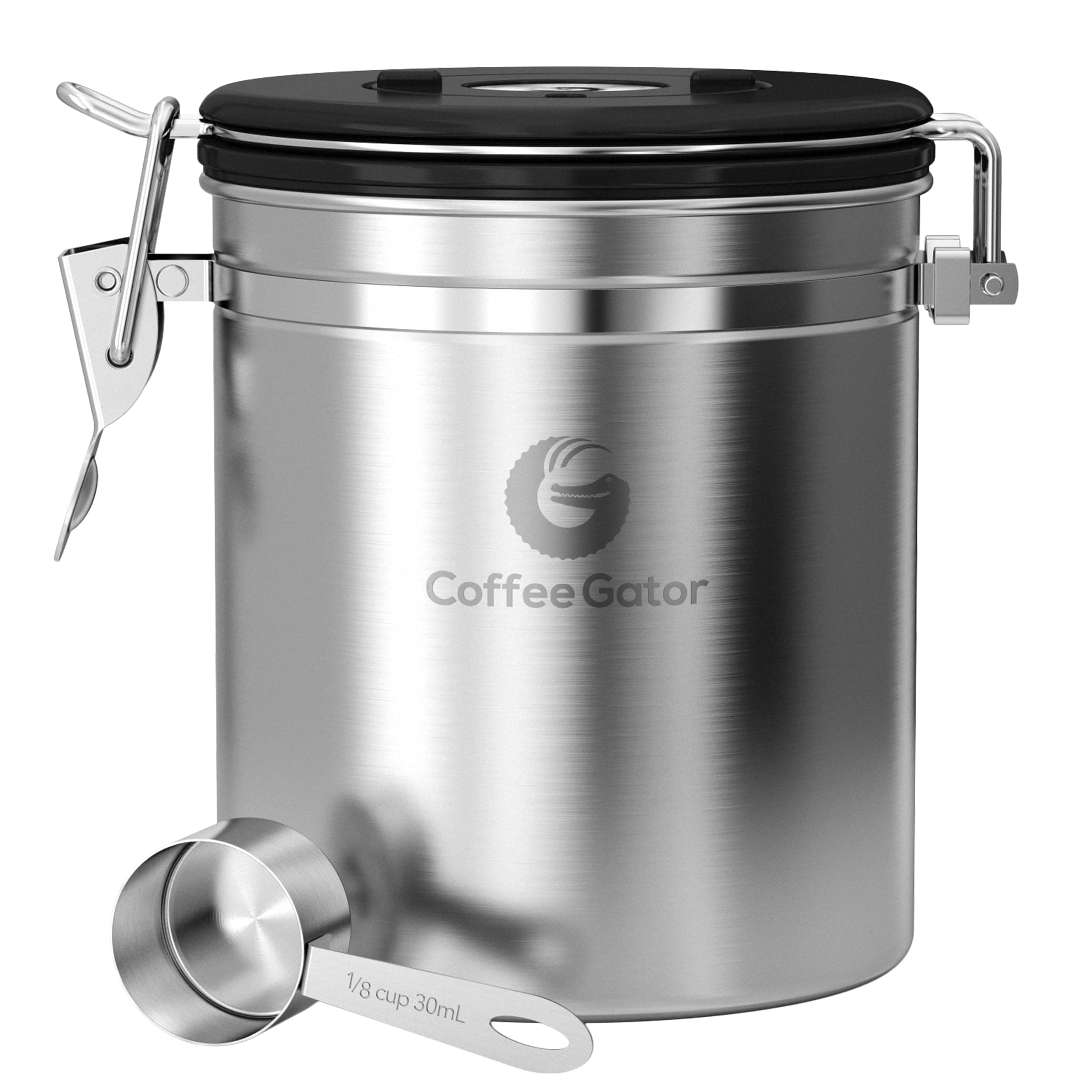 Coffee Gator Stainless Steel Canister - Medium 16 oz, Silver Coffee Grounds and Bean Container with Date Tracker, CO2 Release Valve and Measuring Scoop - Perfect Gift for Coffee Lovers