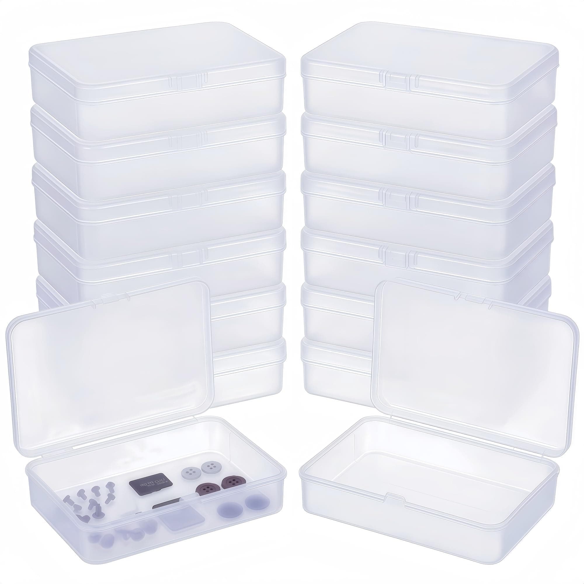 LJY 12 Pack Plastic Storage Boxes with Lids 11.5 x 8.5 x 2.8 cm – Frosted White Rectangular Small Containers for Diamond Art Accessories, Beads, Crafts and Hardware, Stackable Organiser Box Set