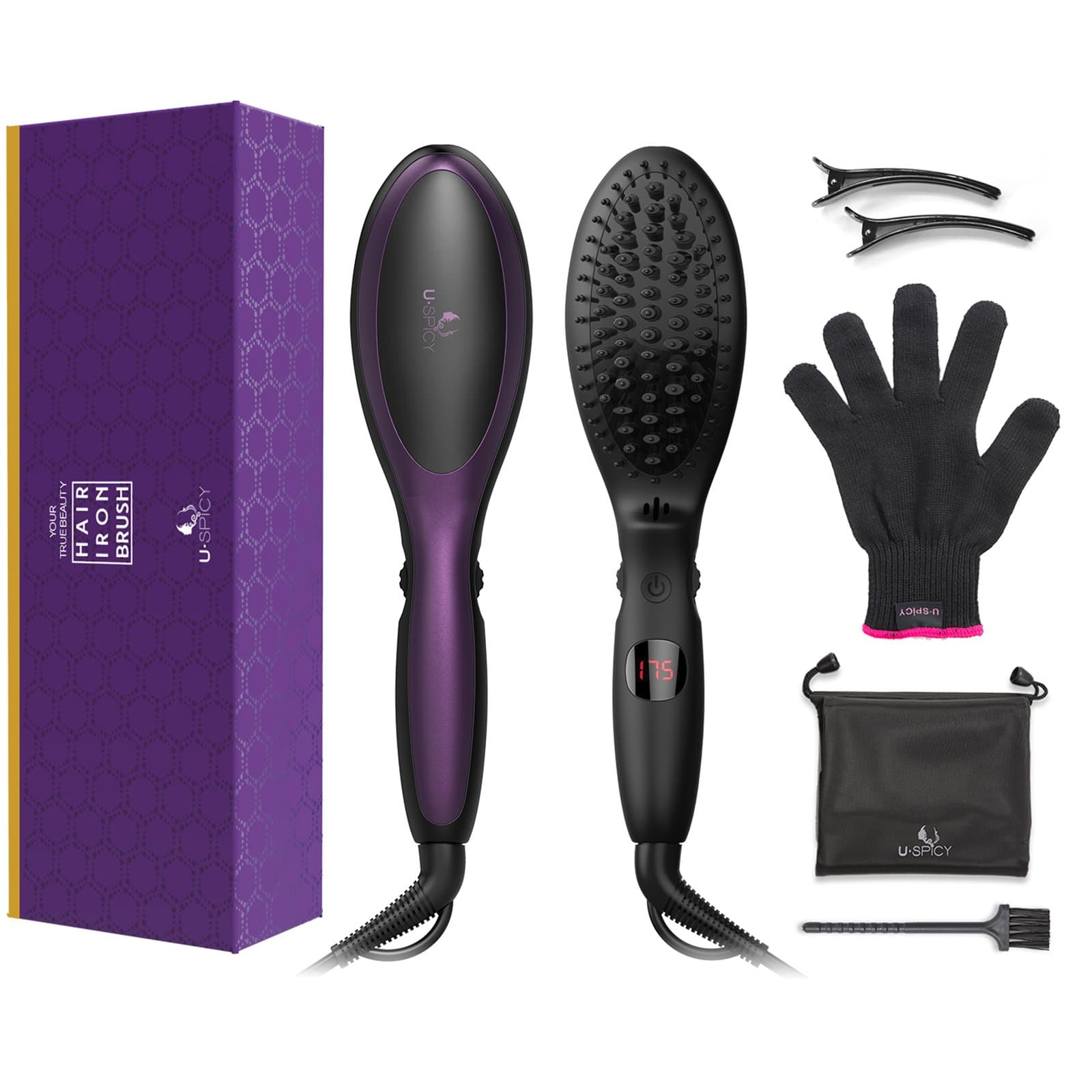 USpicy Hair Straightening Brush with Negative Ions Technology And Slide Temperature Control (Heats up Fast, Auto-Lock Function & Auto-Shut-Off Function, Innovative Bristle Design)