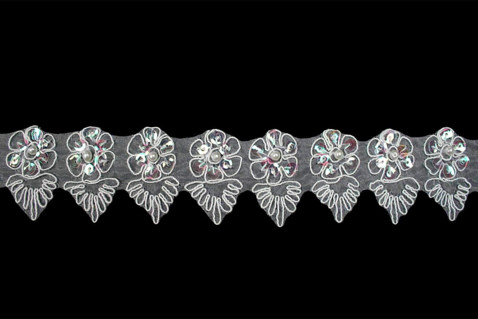 Altotux 1.5" White Corded Sequins Beaded Organza Floral Daisy Lace Trim by Yard