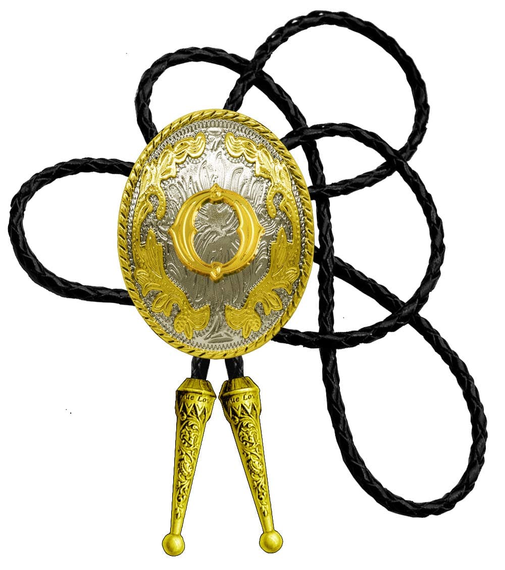 Golden Western Bolo Tie Initial Letter A to Z in Round Flower Cowboy with Cowhide Rope Necktie