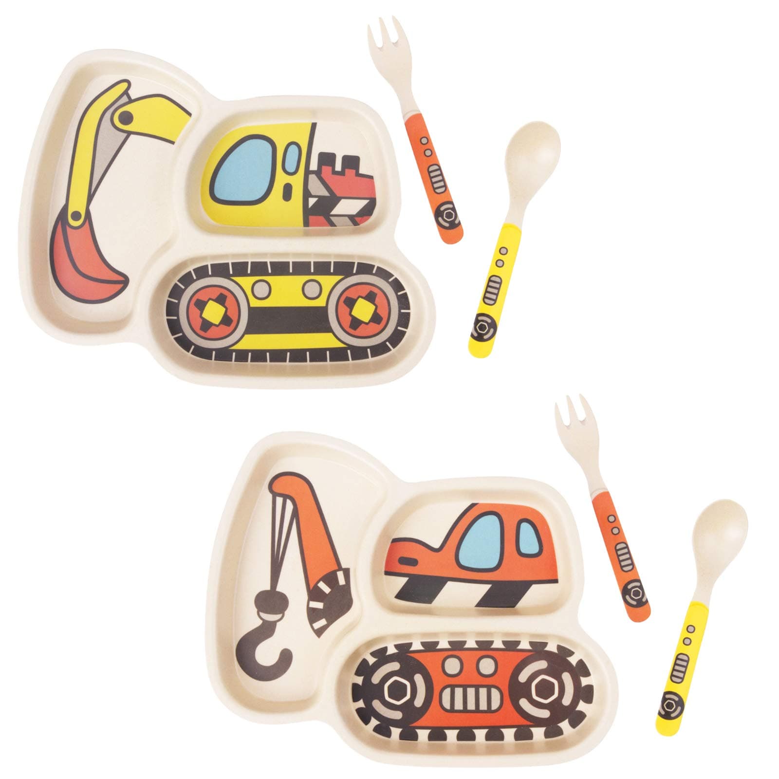 Kid Plate Set Bamboo Toddler Plates Dinnerware Dinner Dish Set Baby Feeding Spill Proof Divided Plate - Baby Spoon and fork 3-Piece Set Teaches Child Portion Control Eco-Friendly (excavator/crane)