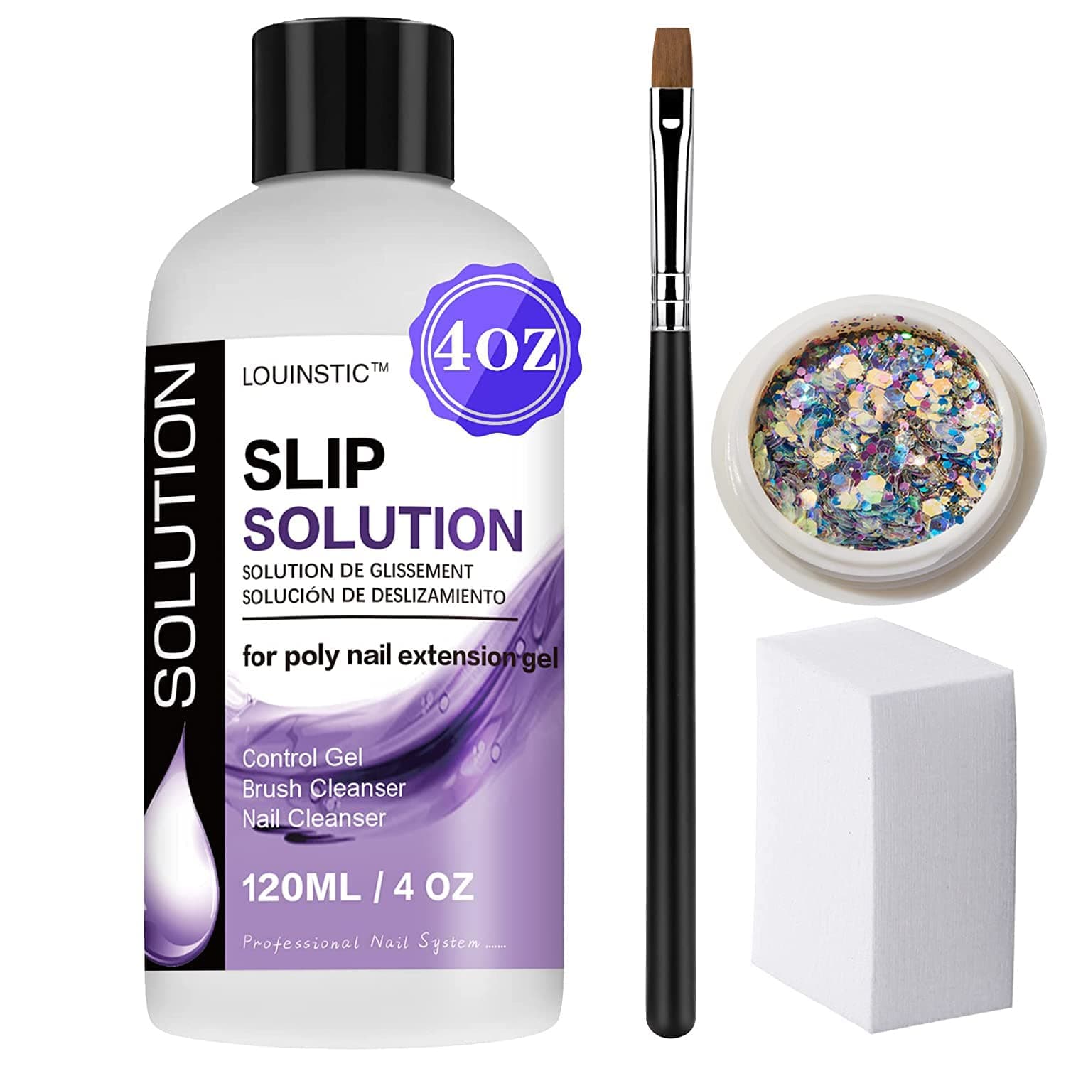 LOUINSTIC Slip Solution for Poly Extension Gel - 4oz, Professional Nail Extension Gel Anti-Stick Liquid, Cleanable Nail Brush Cleaner, Easy to Use, Beginner-Friendly
