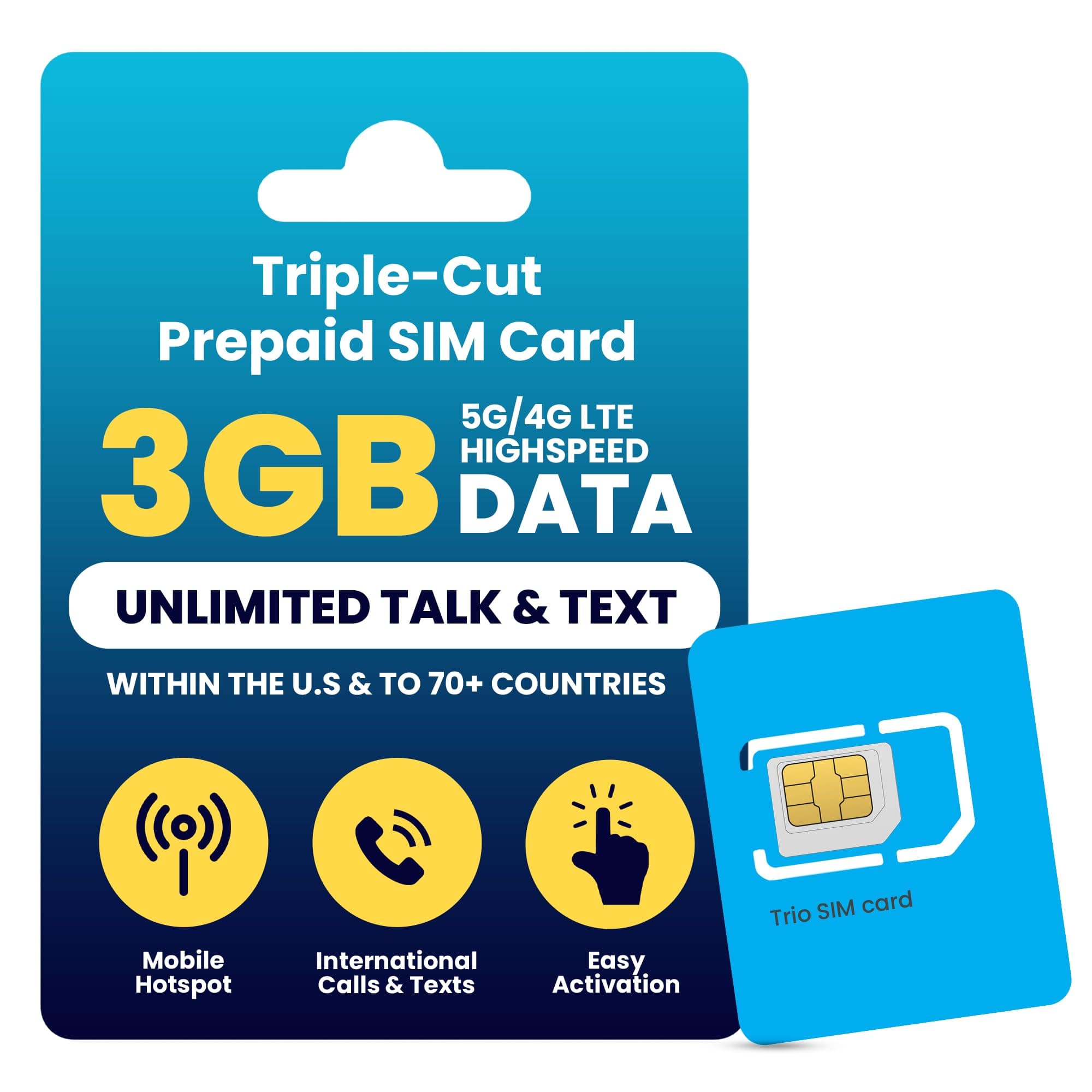 H2O Wireless 120-Day Prepaid SIM Card USA with 3GB High-Speed 4G LTE/5G Data & 2GB Mobile Hotspot, Unlimited Data, International Talk & Text, Triple-Cut US Mobile SIM Card for Cell Phones