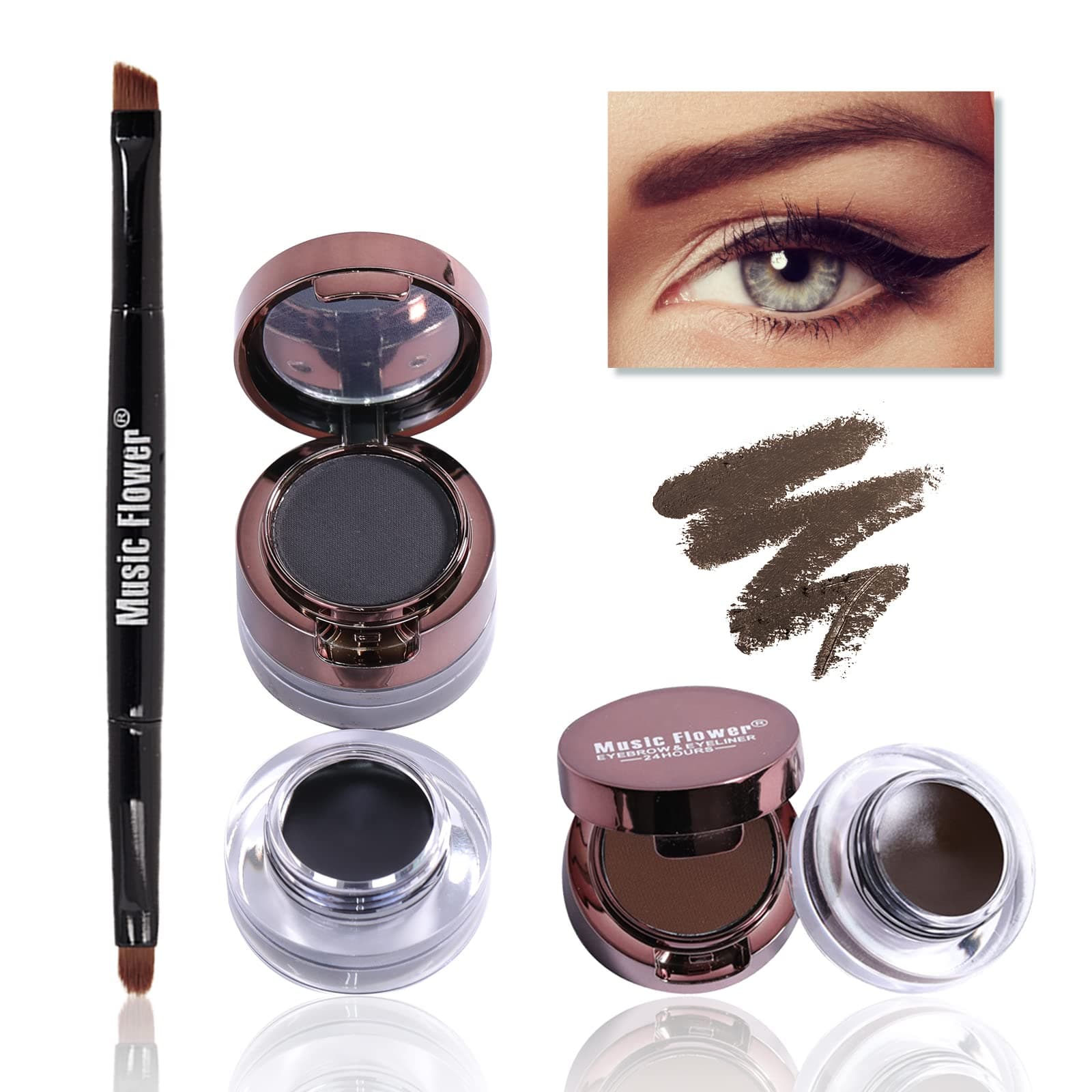 Music Flower Gel Eyeliner Eyebrow Powder, Black Brown Waterproof Eyeliner Gel, Smudgeproof Long Lasting Makeup Eye Liner with Brush Mirror, 0.49 Ounce, Pack of 2