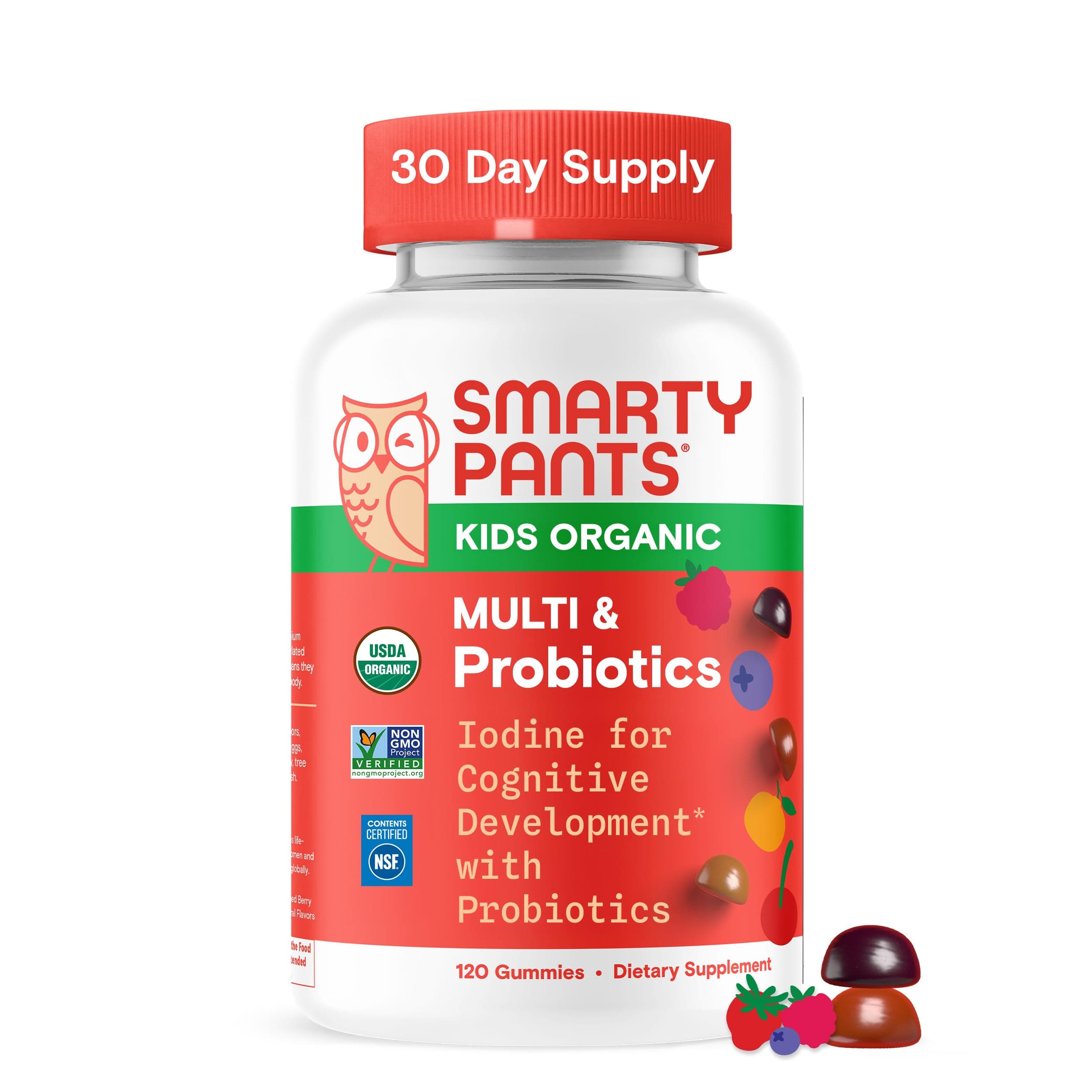 Organic Kids Multivitamin Gummies: Probiotics, Omega 3 (ALA), Vitamin D3, C, Vitamin B12, B6, A, K & Zinc for Immune Support, Biotin, Three Fruit Flavors, 120 Count (30 Day Supply)