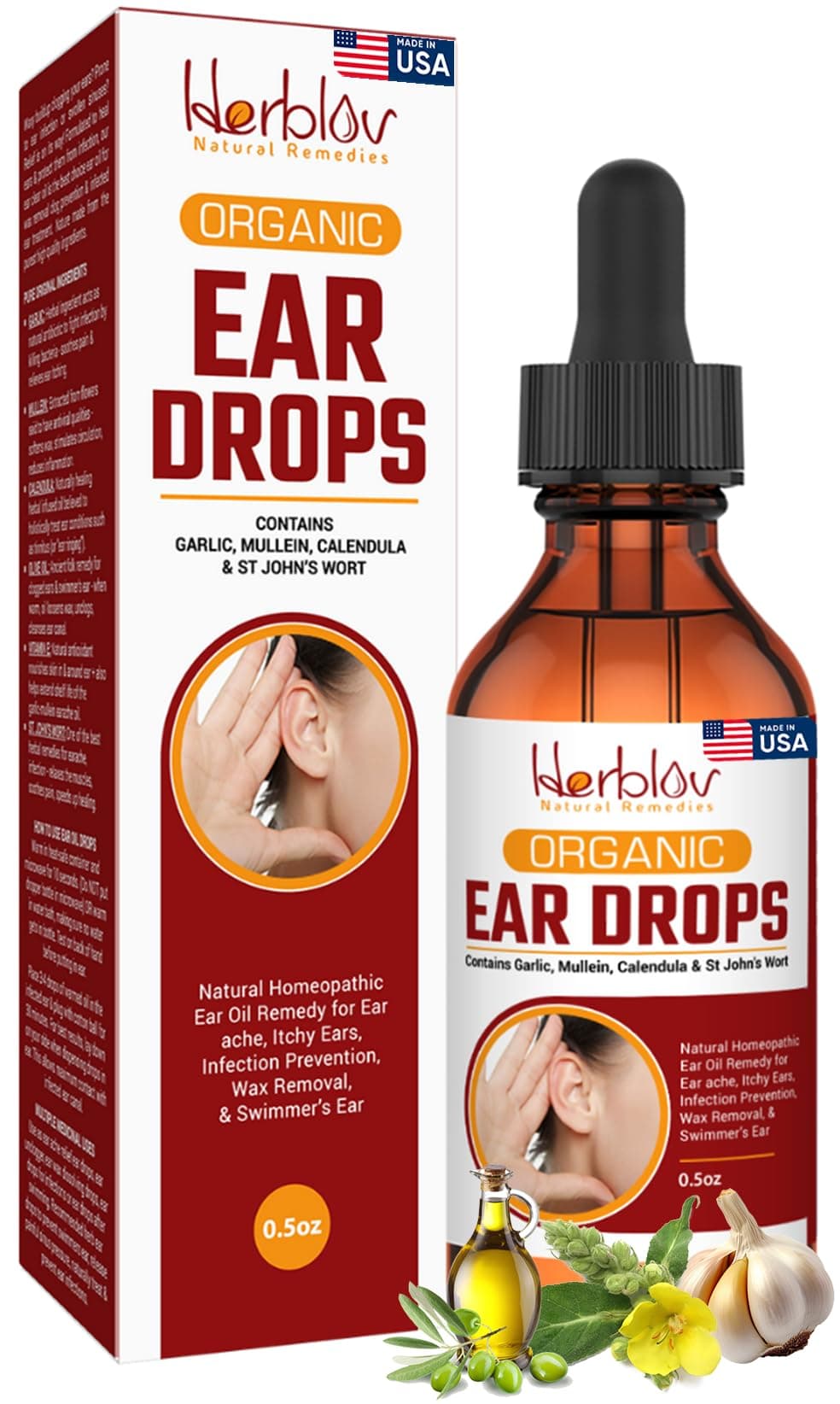 Organic Ear Oil for Ear Infections - Natural Eardrops for Infection Prevention, Swimmer's Ear & Wax Removal - Kids, Adults, Baby, Dog Earache Remedy - with Mullein, Garlic, Calendula, Made in USA