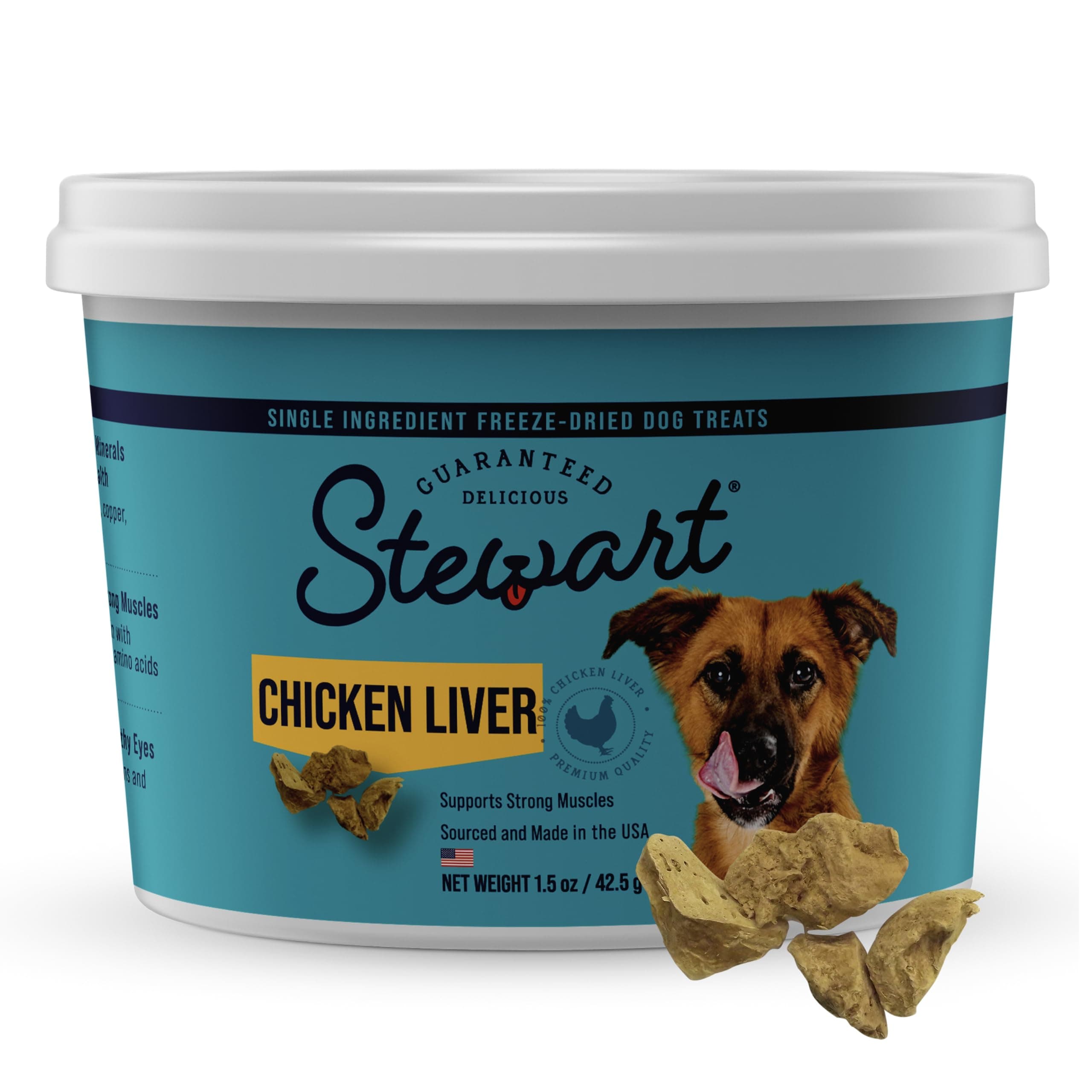 Stewart 100% Chicken Liver Dog Treats, 1.5 oz Tub, ~25 Pieces, Freeze Dried Raw, Single Ingredient, 60% Protein Training Treats or Meal Topper, Grain Free, Gluten Free