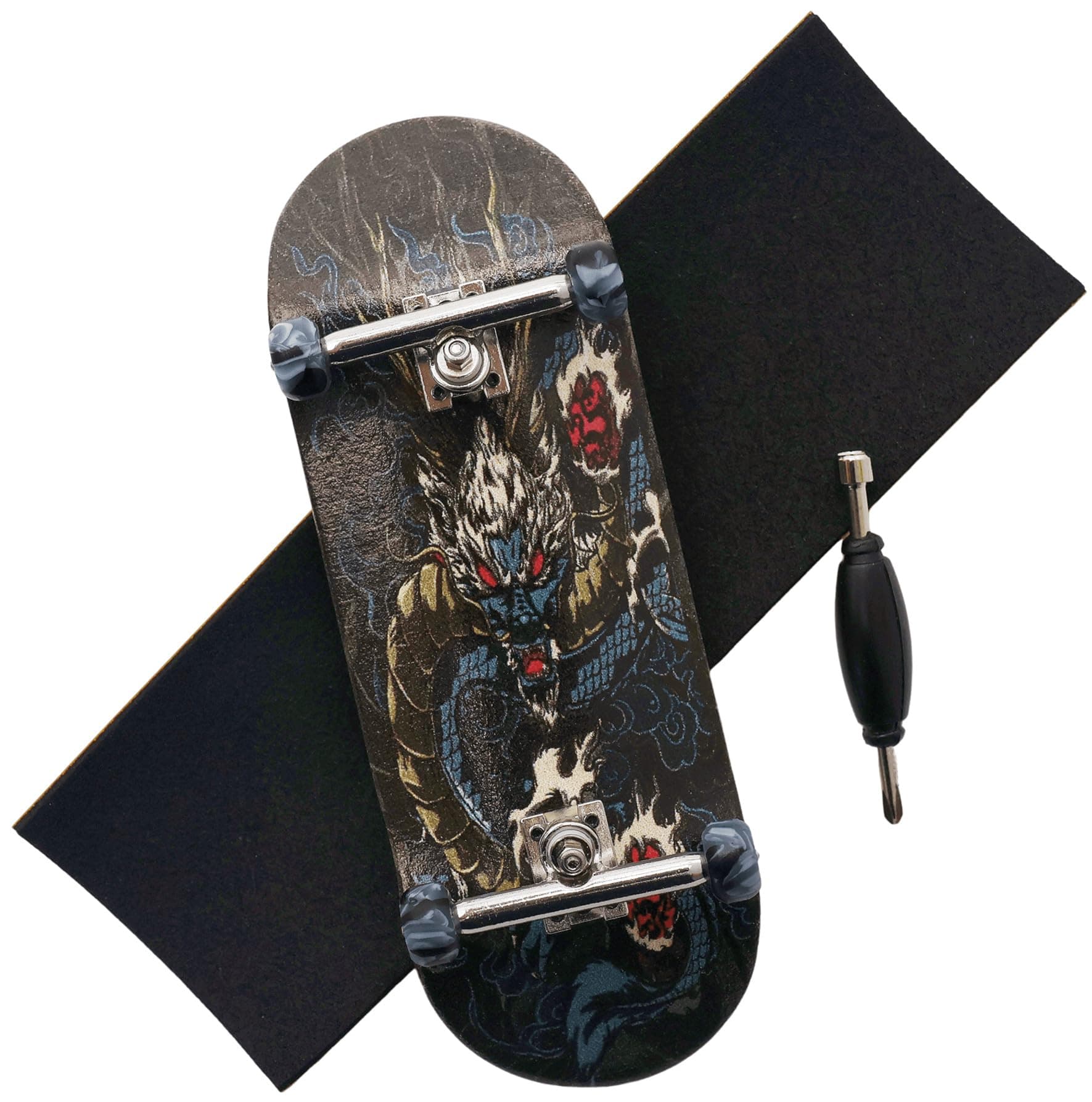 Pro Fingerboard 34mm Wooden Board Professional Finger Skateboard Trucks CNC Swirl Wheels (Dragon)