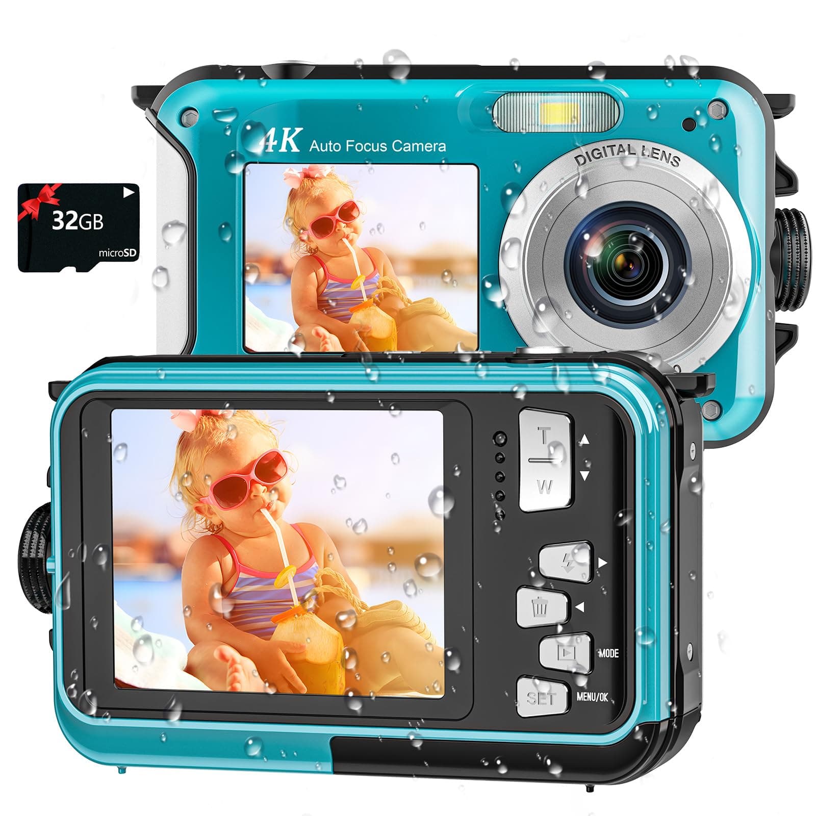 4K Underwater Camera 16FT Waterproof Camera with 32GB Card 64MP Autofocus Dual-Screen Selfie Underwater Camera for Snorkeling Waterproof Compact Floatable Digital Camera 1250mAh Battery Type-C (Blue)