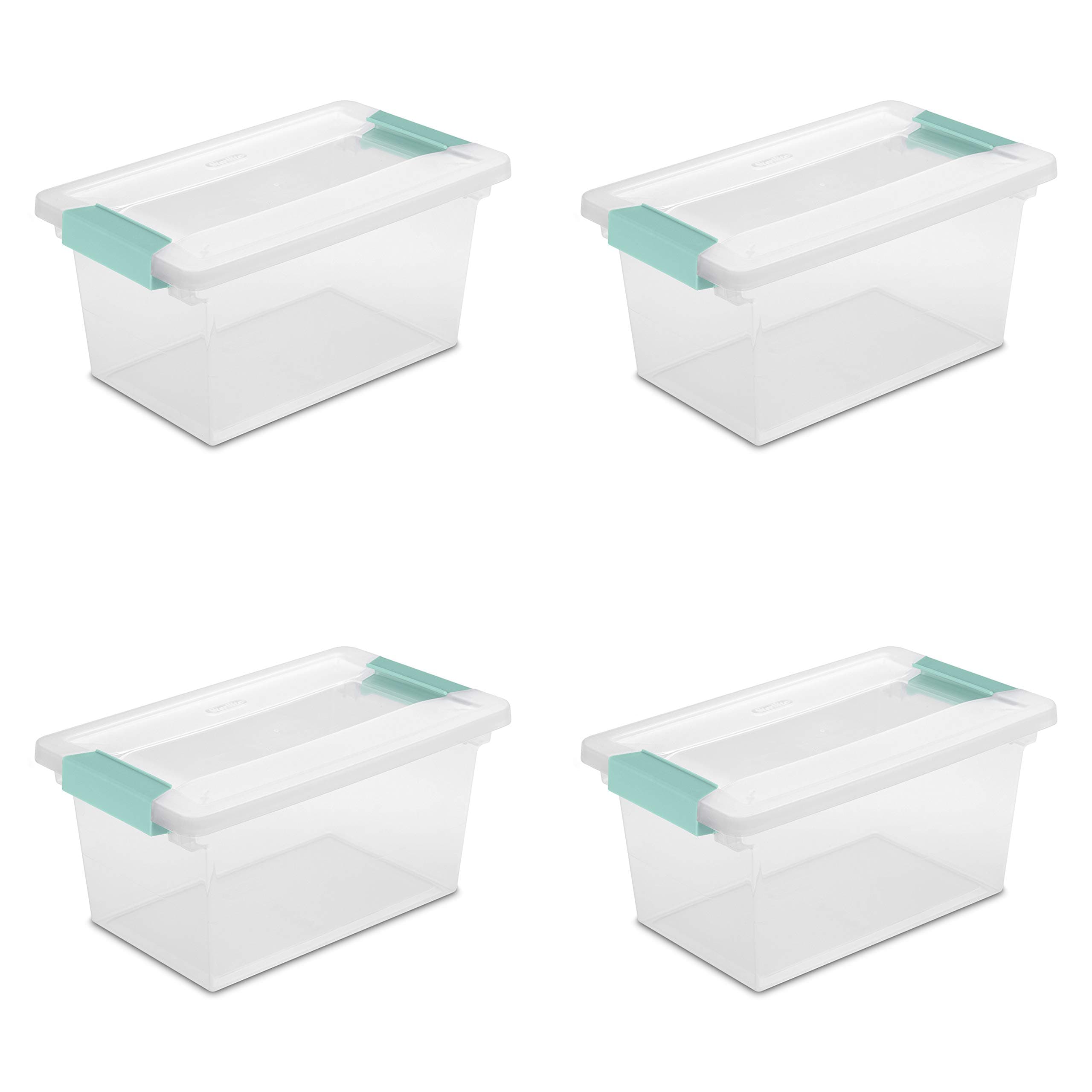 Medium Clip Box, Stackable Small Storage Bin with Latching Lid, Plastic Container to Organize Office, Crafts, Clear Base and Lid, 4-Pack