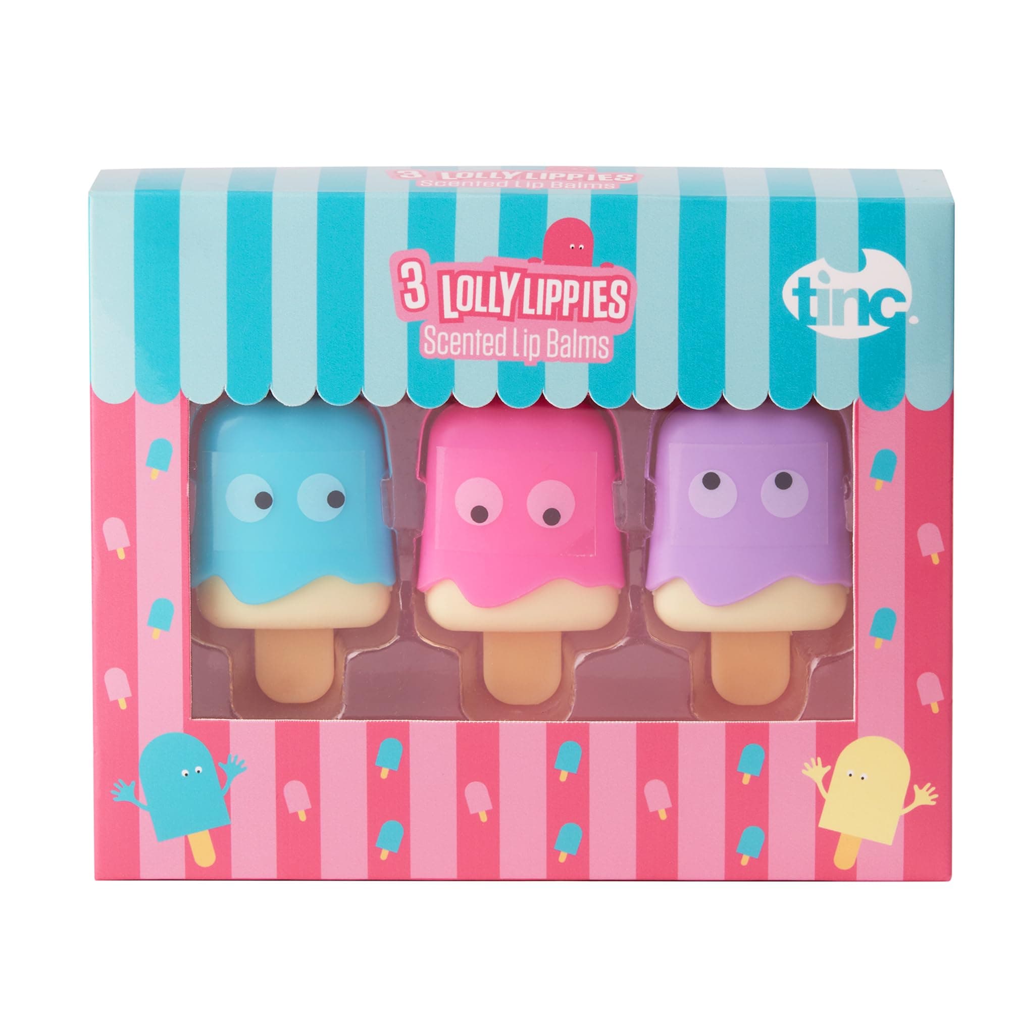 Lolly Lip Balms for Kids Flavoured Ice Design Scents, Candy, Vanilla, Rose, Keeps Lips Moist, Perfect Party Bag Treat, 3 Flavours, Pink Liplolmu, 10.5 g, 3 Count