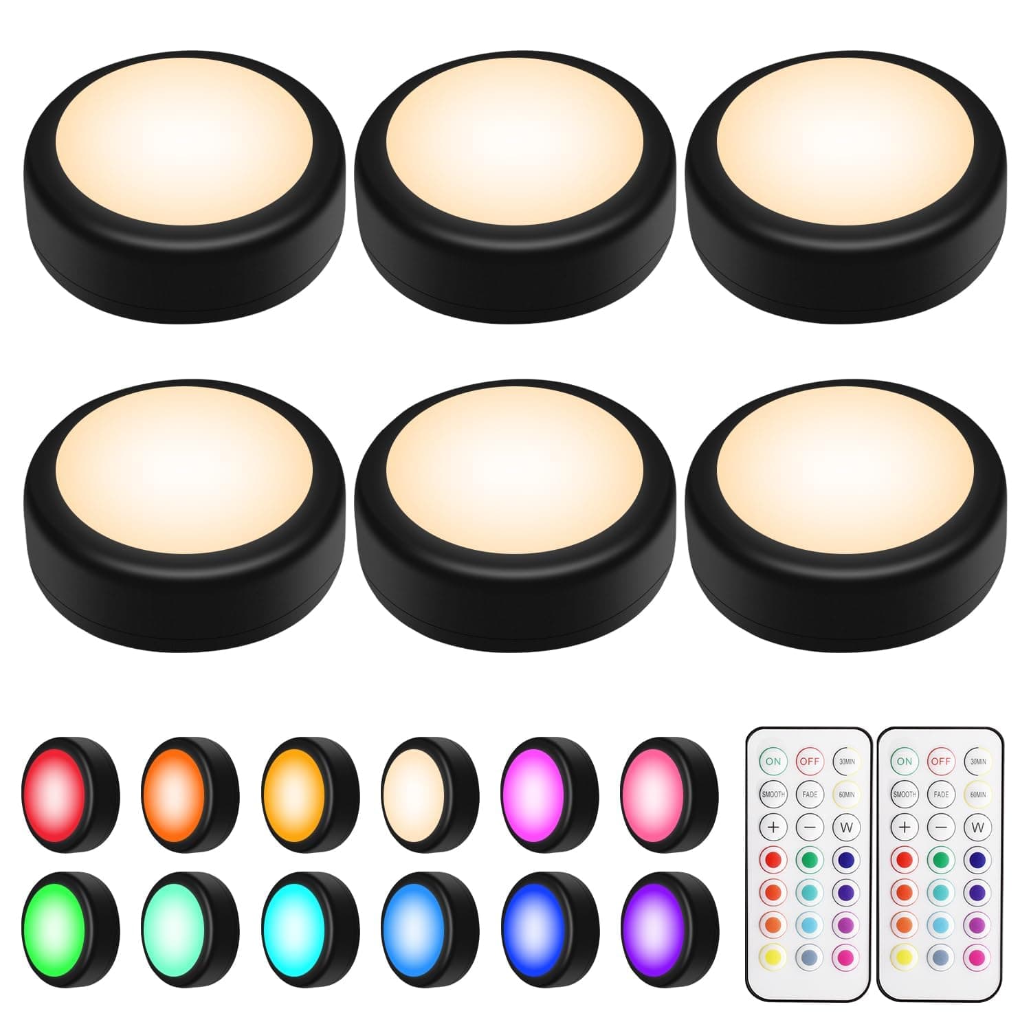 BLS LED Puck Lights with Remote Control, Wireless Under Cabinet & Closet Lighting, RGB 13 Color Changing Lights with Dimmer, Timer & AA Battery Operated, Push, Touch, Stick on for Night, Black, 6 Pack