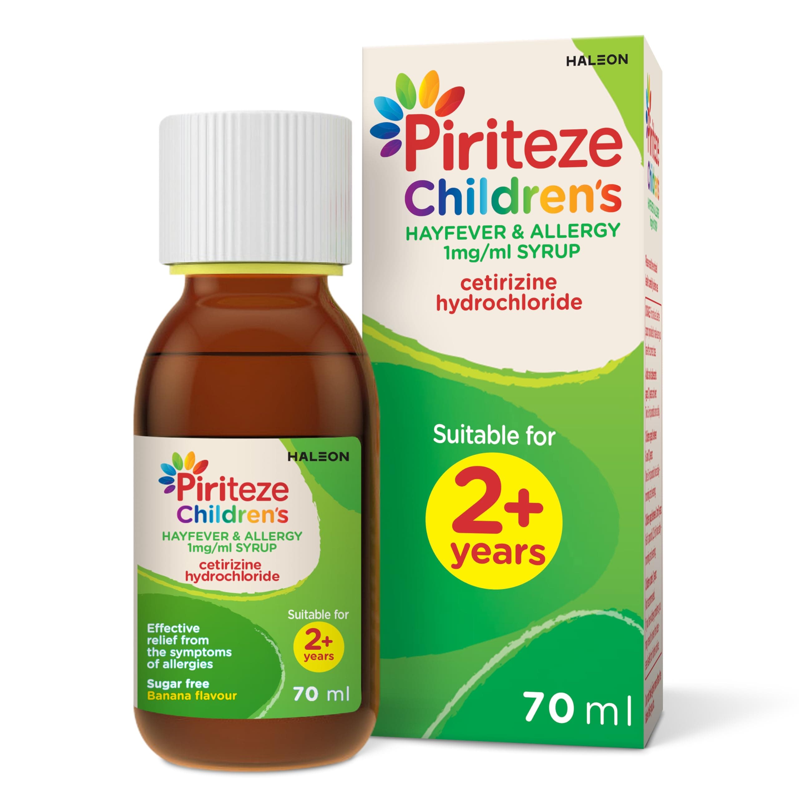 Piriteze Children’s Hayfever & Allergy Syrup. Sugar free, banana flavour syrup containing cetirizine (antihistamine). 2 years+, 70ml
