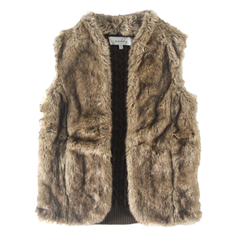 Sebby Women's Faux Fur & Crochet Sweater Vest, Brown Medium