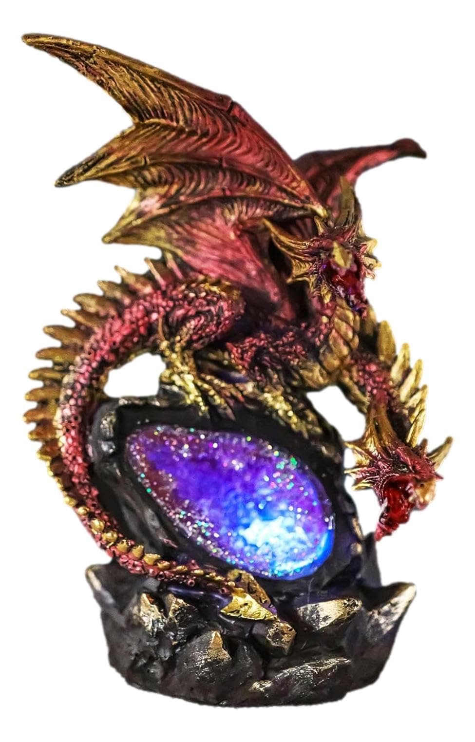 Fantasy Red Stalactite Meteor Volcano Hydra Dragon Resting On Quartz Mountain Faux Geode Cavern Rock Figurine with Multi Color LED Night Light Dungeons and Dragons Accent Sculpture