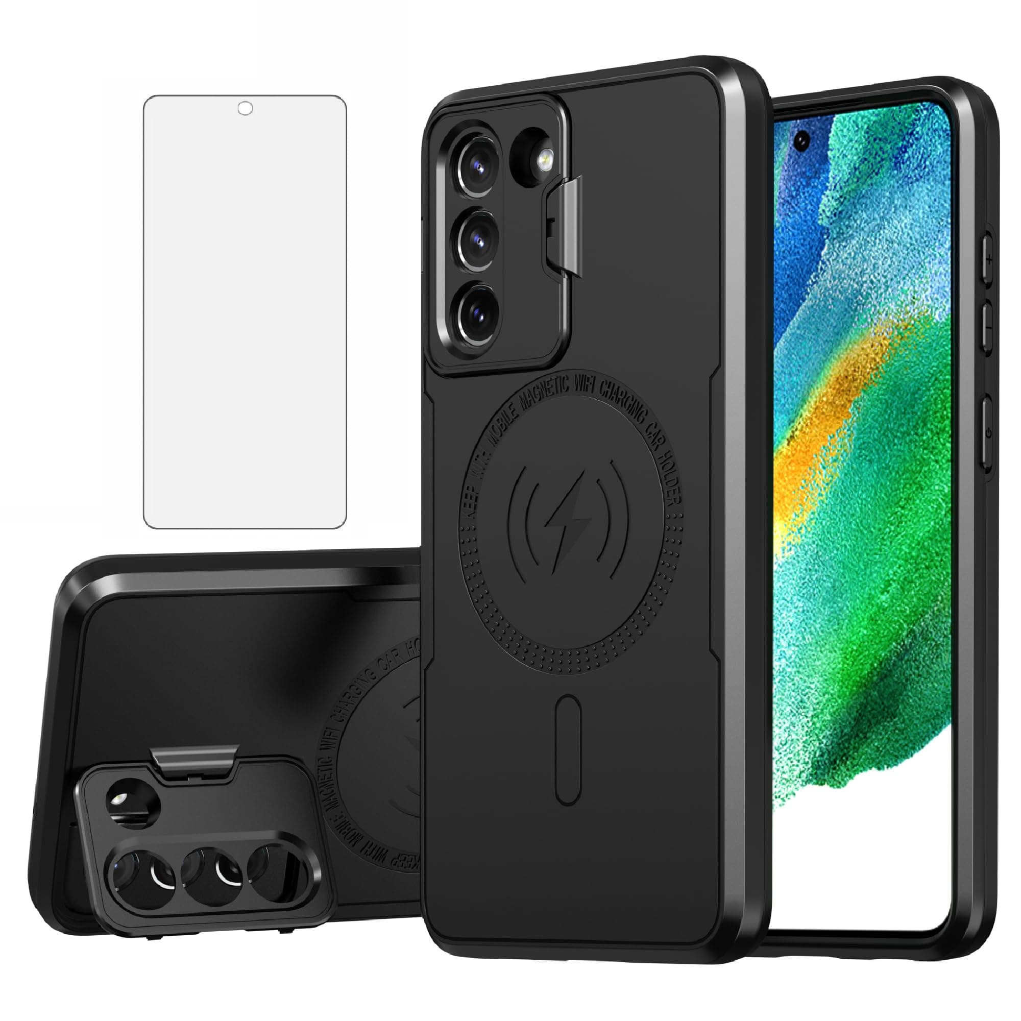 Asuwish Phone Case for Samsung Galaxy S21 FE 5G with Tempered Glass Screen Protector and Stand Slim Cell Cover Hard Hybrid Mobile Accessories S 21 EF S21FE5G UW S21FE 21S G5 6.4 inch Women Men Black