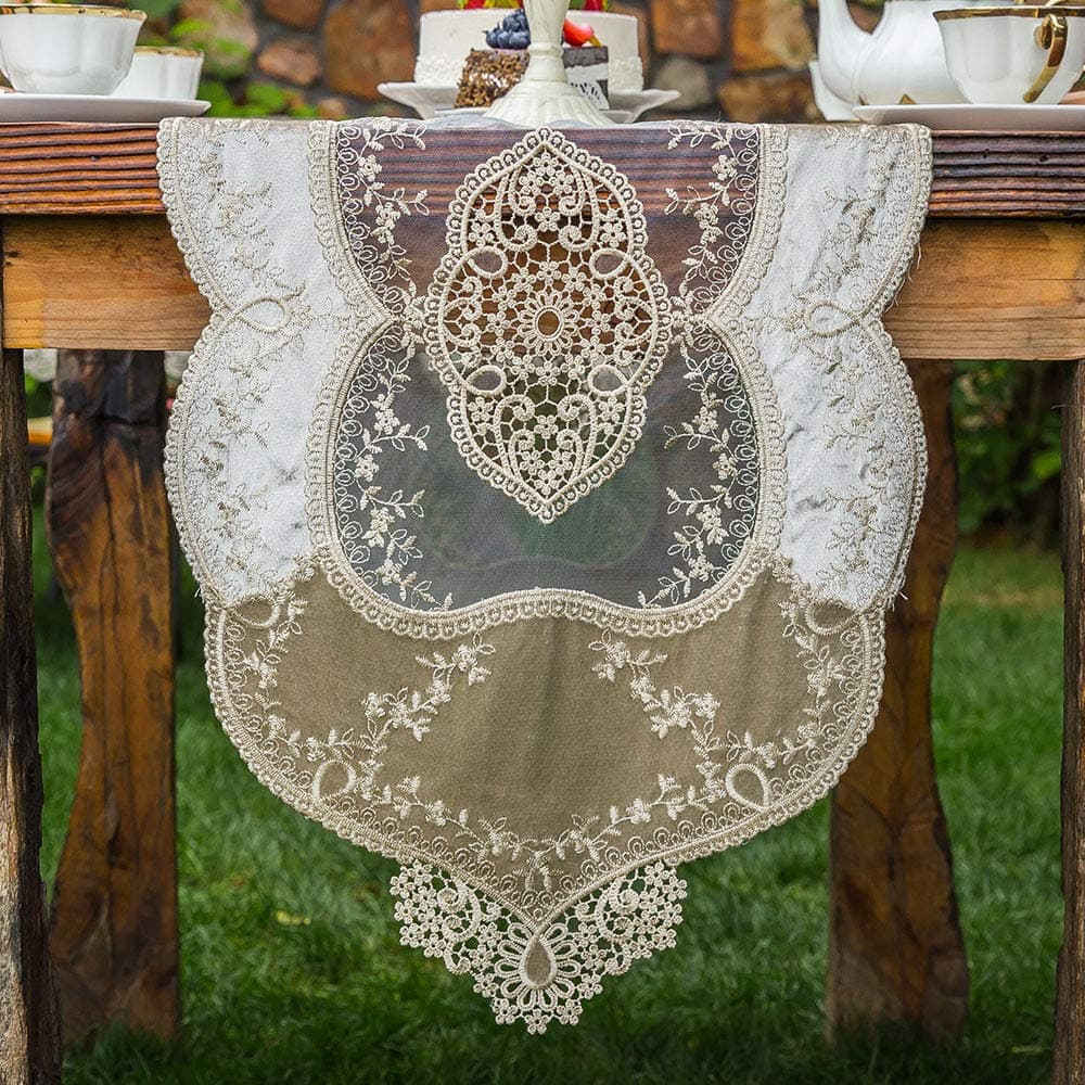 ARTABLE Rectangle Lace Table Runner Macrame Embroidered Table Runners with Exquisite Vintage Shabby Chic for Holiday Wedding Long Dinner Tables (Champagne, 16" x 59")
