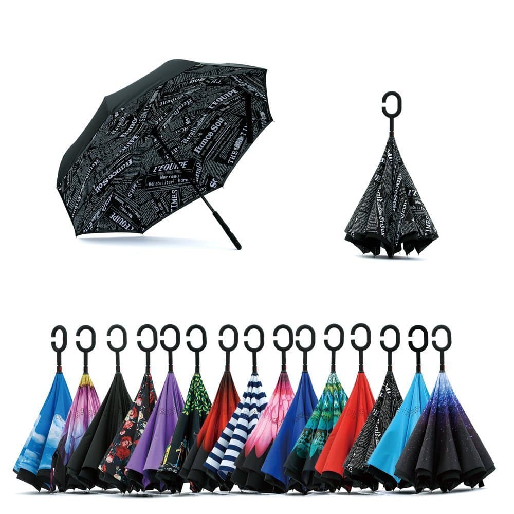 Double Layer Inverted Umbrella, C Shape Handle Reverse Folding Umbrella, Anti-UV Windproof Travel Umbrella with Carrying Bag