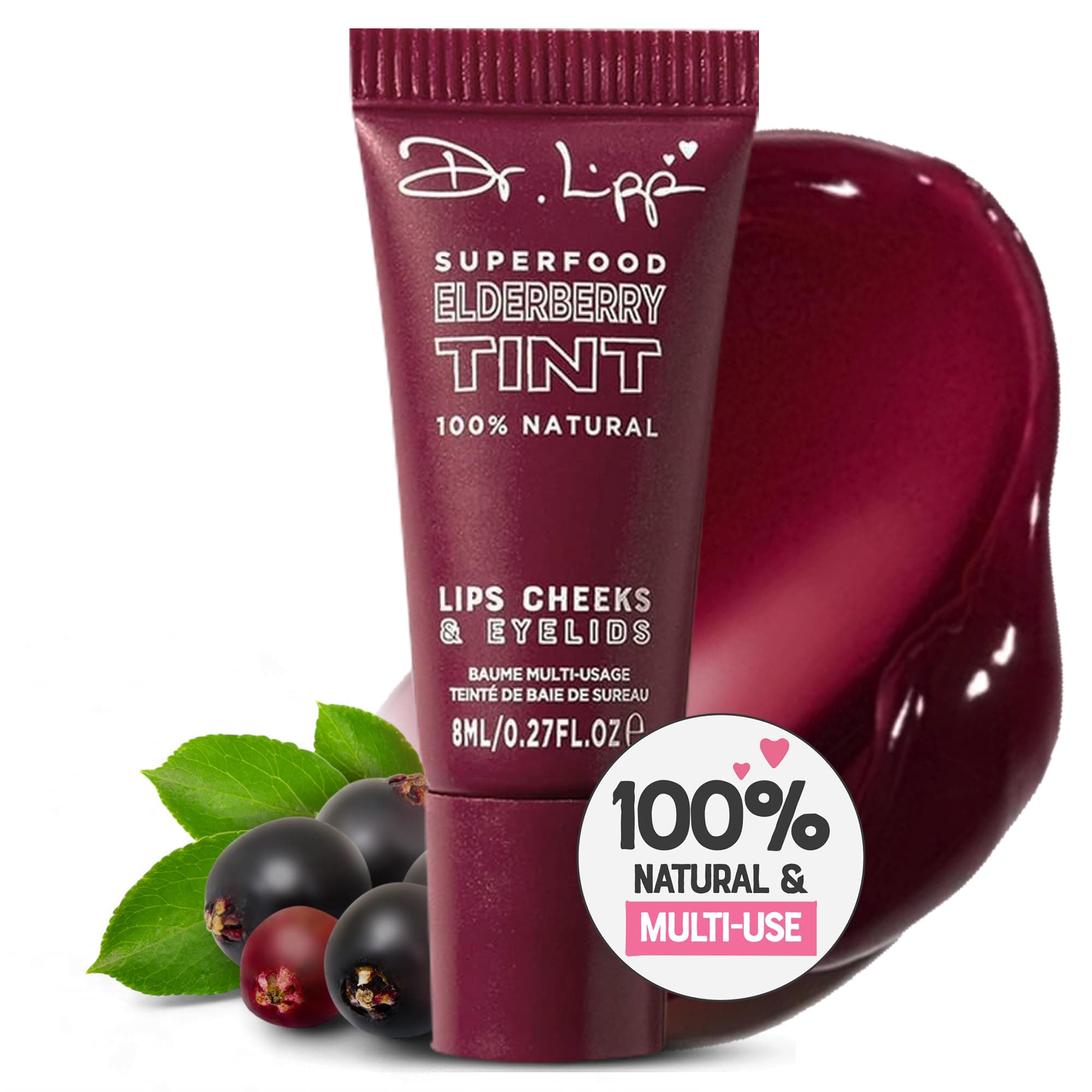 Dr.Lipp, Superfood Elderberry Tint. 4-In-ONE. Lip Gloss, Lip Tint, Cheek Blush, Tinted Eye Gloss. 100% natural-origin. 8ml.