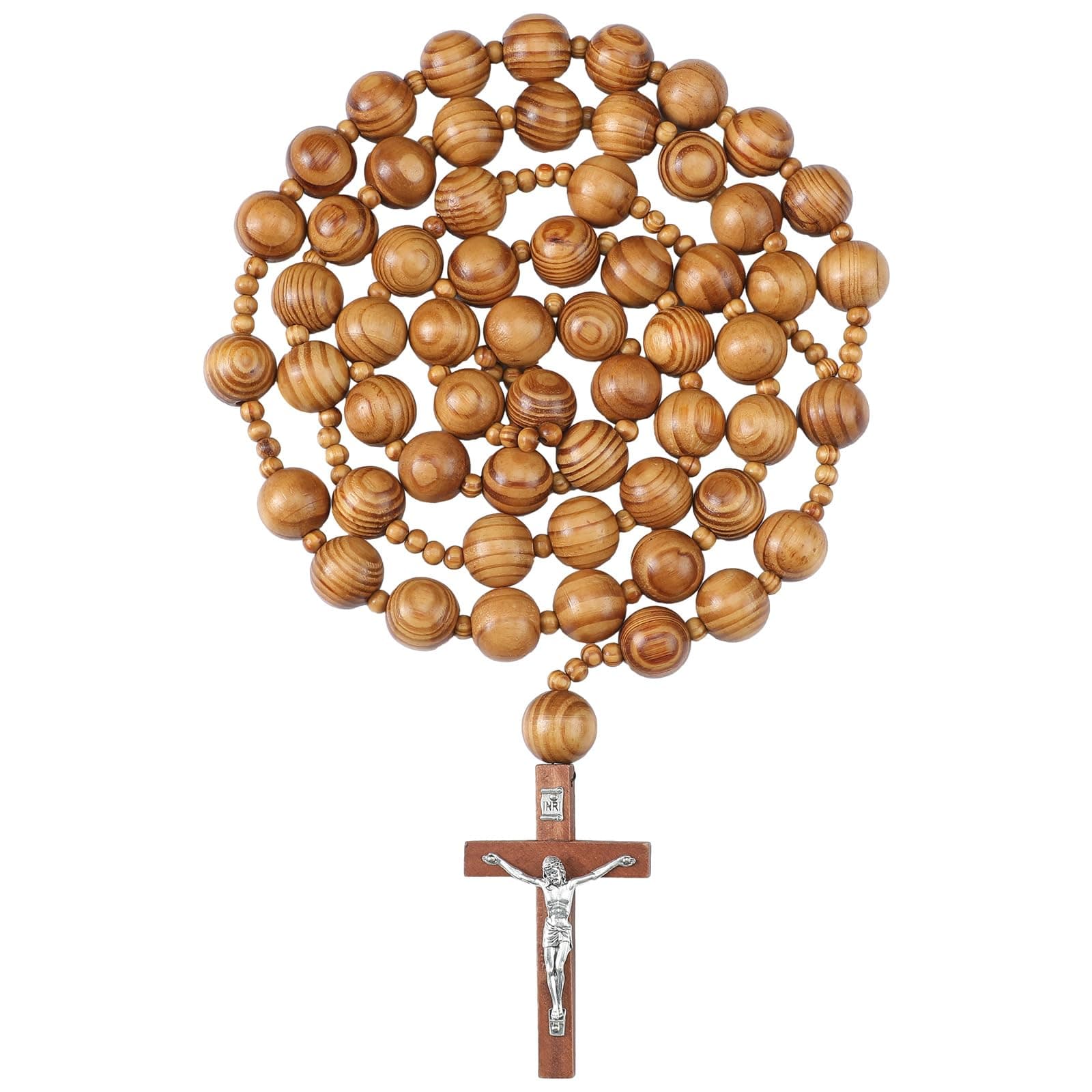 Quelay 42 Inches Catholic Holy Big Mix Beads Sanctified Rosary Handmade Natural Wood Chain Jesus Cross Large Wall Christian Rosary for Advent Prayer and Christmas Devotions