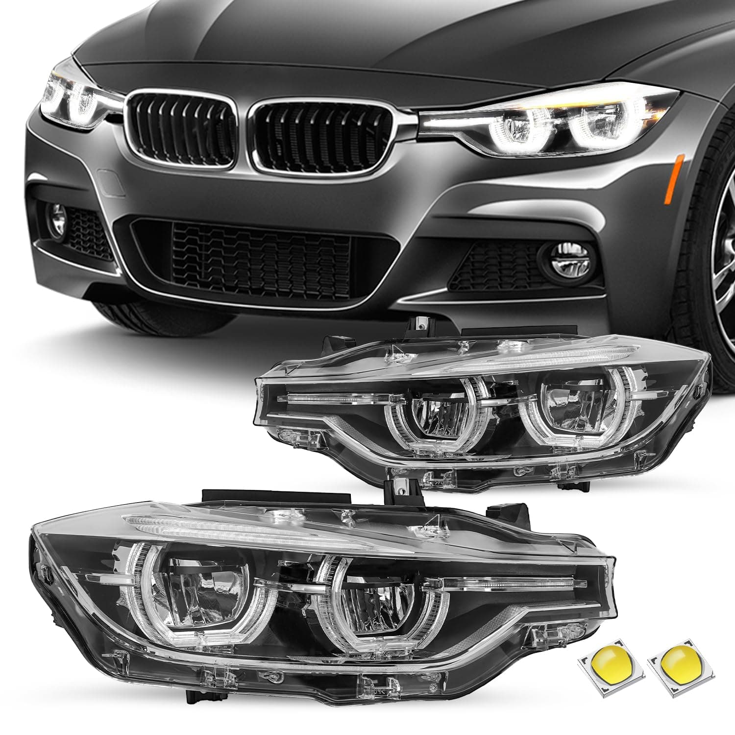 SOCKIR Full LED Headlight Assembly Replacement for 2016-2019 BMW 3-SERIES F30 F31 320i 328i 330i 340i w/LED DRL Projector, OE Style Factory Headlamp W/O AFS Chrome Driver and Passenger Side