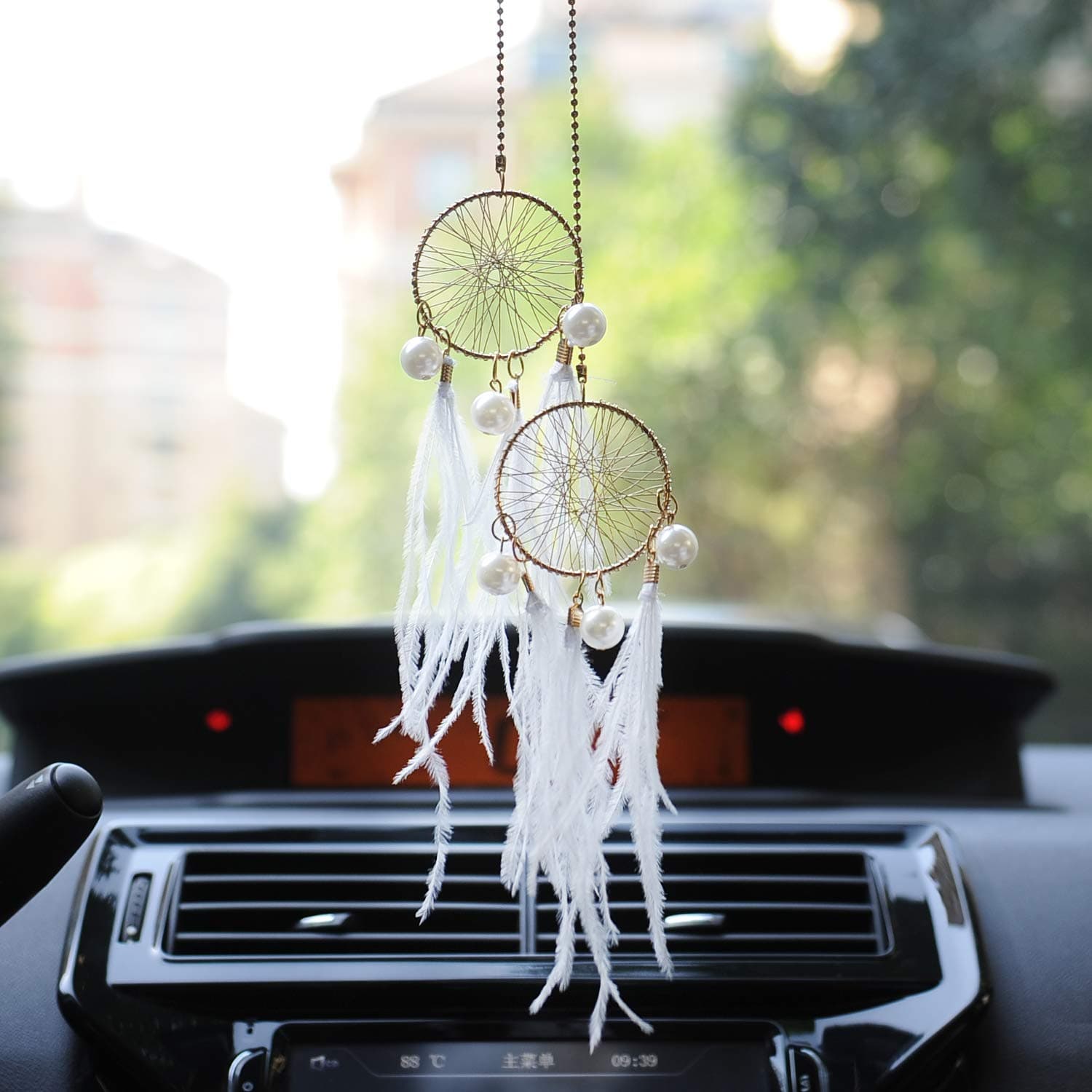 Dream Catchers Car Interior Rearview Pendant, Feather Adjustable Chain Double Dreamcatcher Car Charm Handmade Metal Chain Dream Catcher Pendant with Pearls for Hanging Decoration (White)