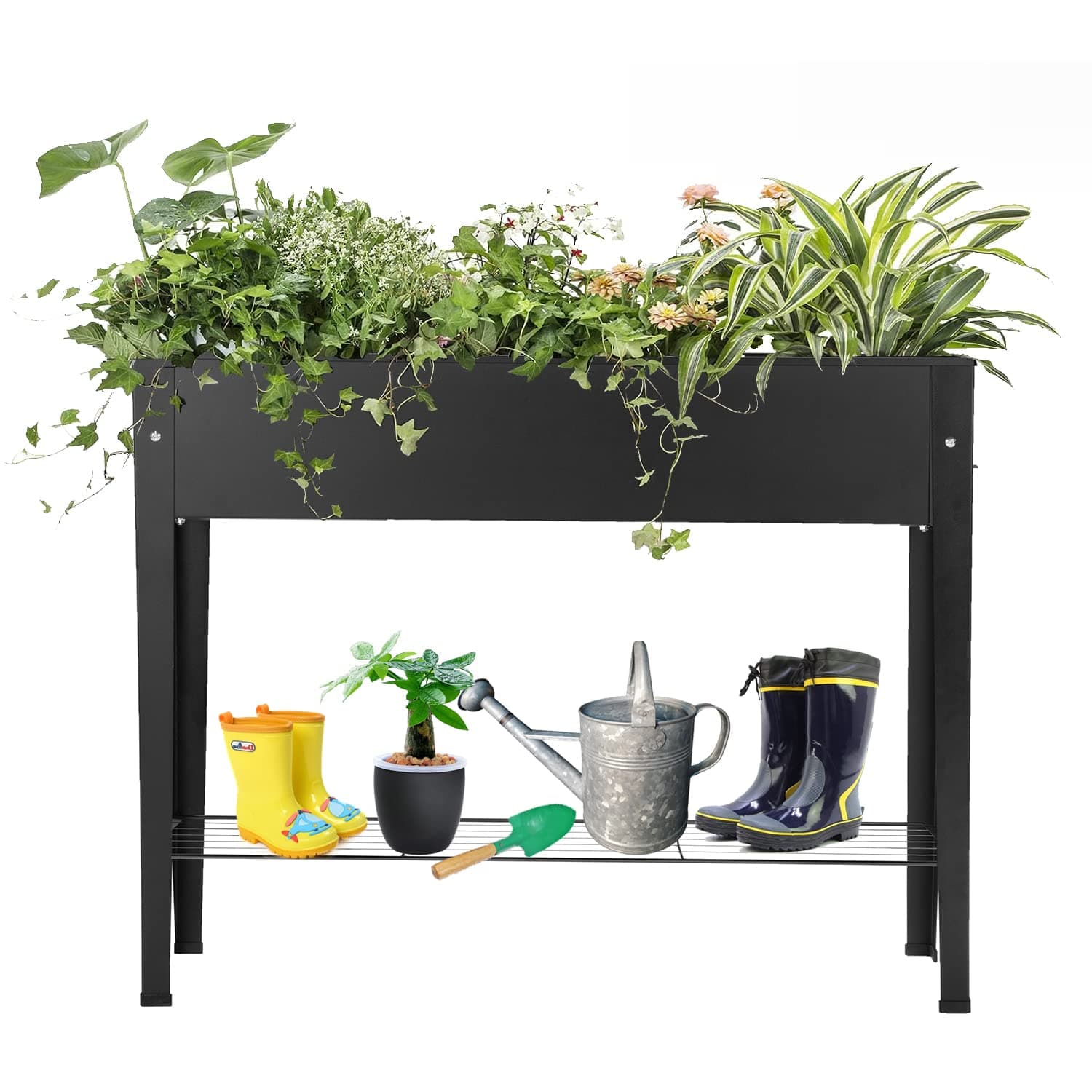 Piksedo Raised Garden Bed, Elevated Planter Metal Plant Box with Legs Standing Garden Stand Drainage Holes Frosted Black