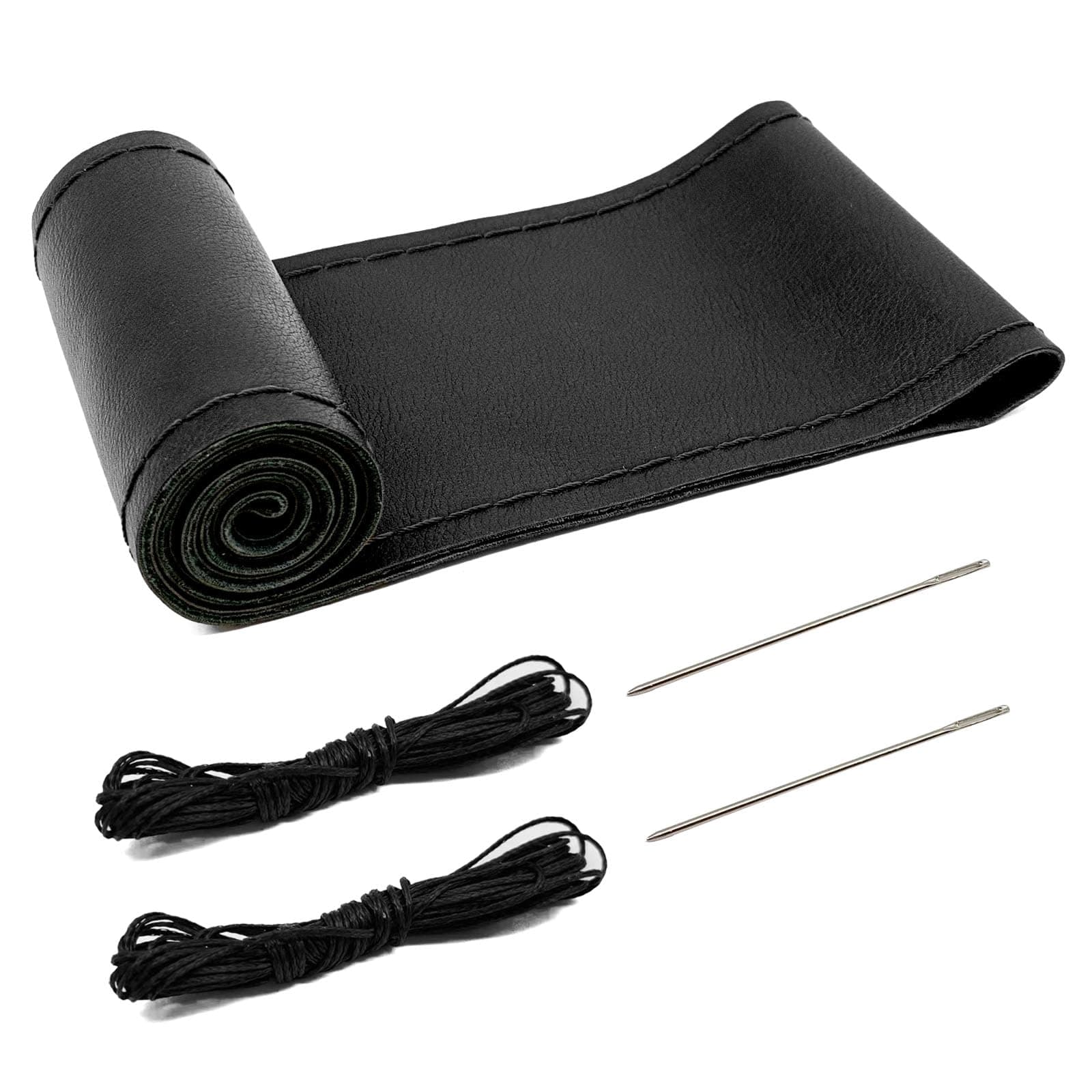 Direct PU Leather Steering Wheel Cover, 15 Inch Non-Slip Breathable/Soft and Comfortable Feeling, Genuine PU Leather Stitch On Wrap for Car Truck SUV - DIY Sewing with Needle Thread (Black)