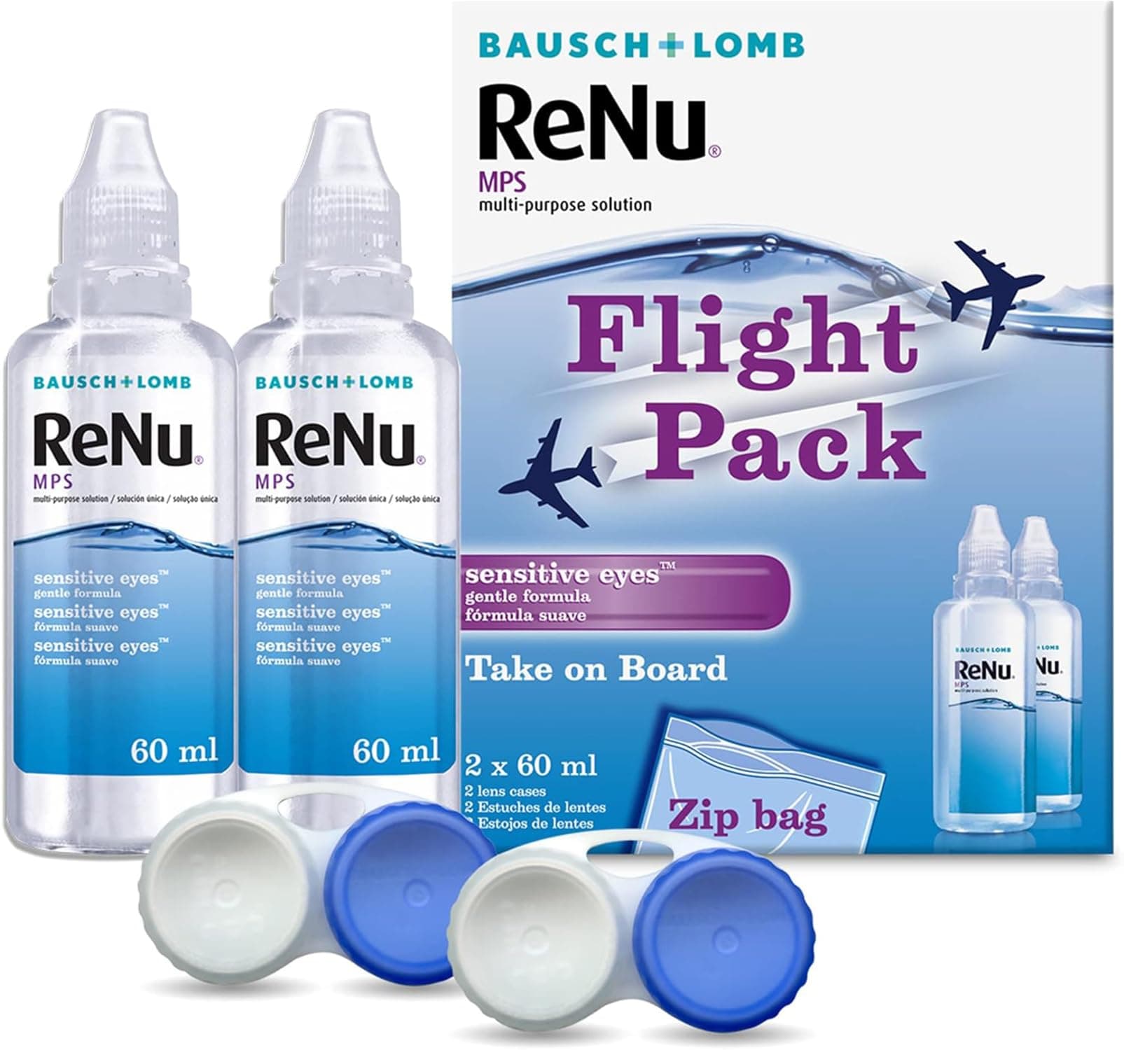 ReNu Multi-Purpose Travel Contact Lens Solution, 2X 60ml Flight Pack Size - for Soft Lenses, Gentle on Sensitive Eyes, Clean, Disinfect, Rinse, Lubricate and Store Your Lenses, Lens Case Included