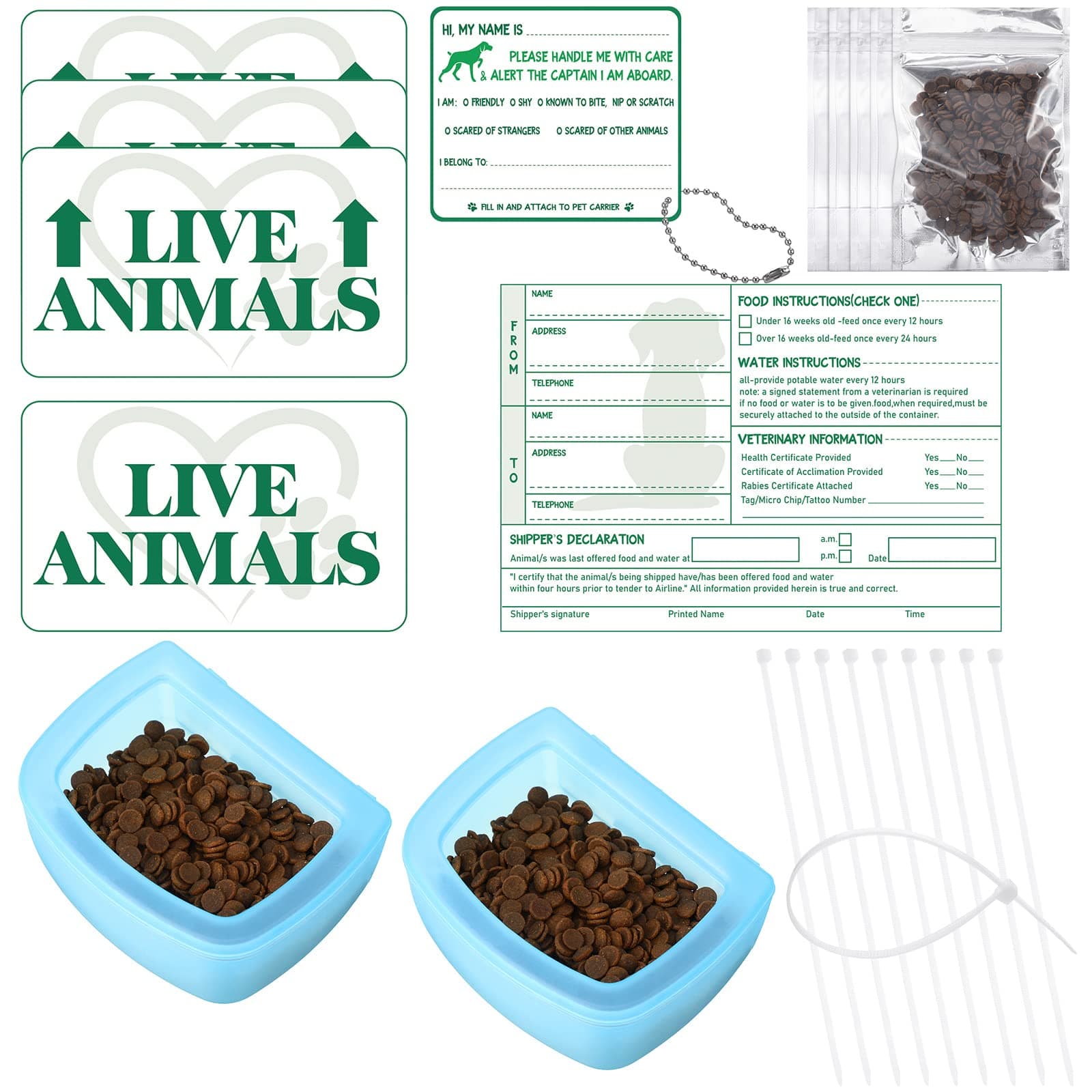 Eaasty 23 Pcs Kennel Travel Kit for Pets Airline Travel Accessories with 4 Live Animal Stickers 2 Pet Bowl 1 Live Pets Label 5 Storage Bag 10 Cable Ties 1 Tag for Airline Cargo Crates Shipping Packing
