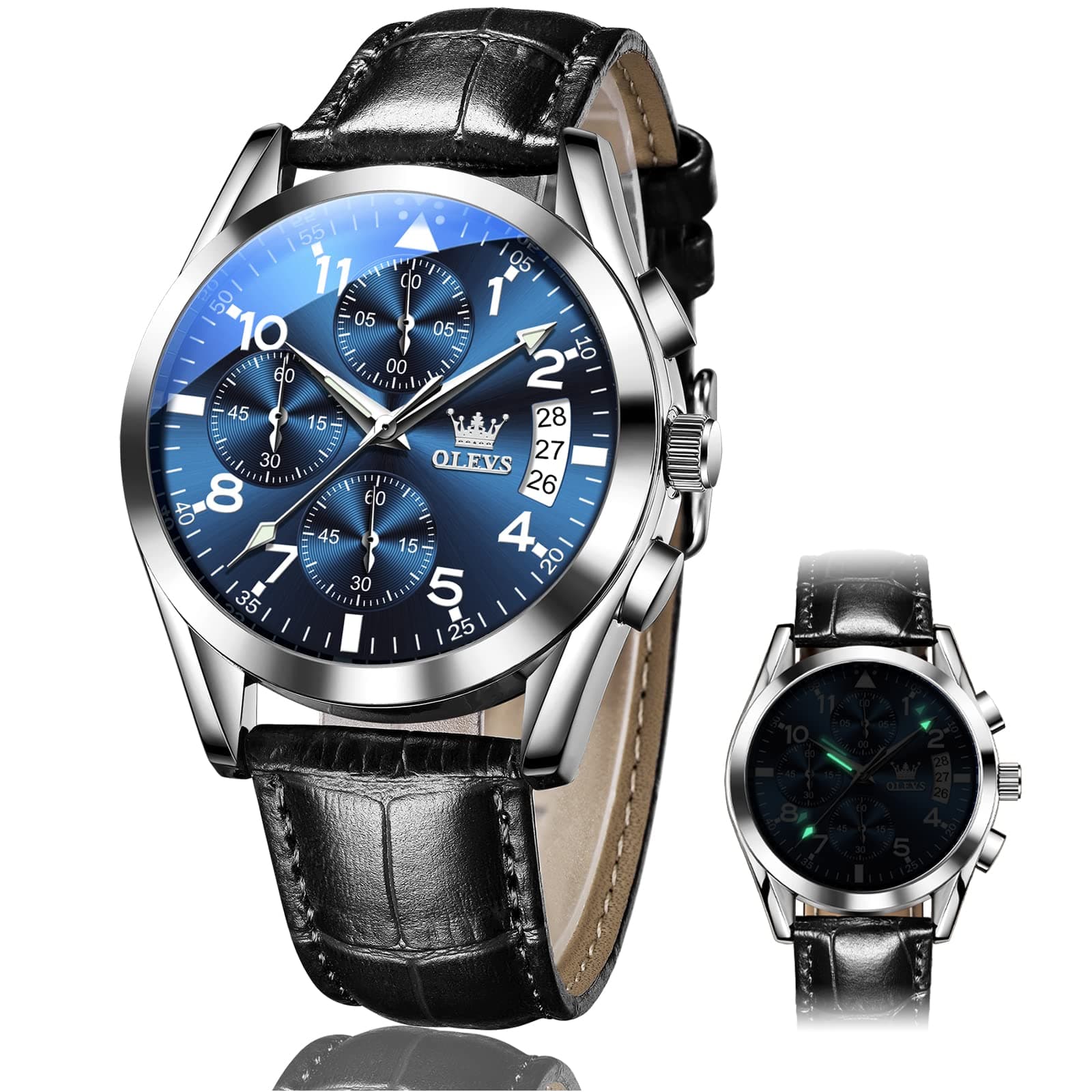 Men's Chronograph Quartz Watches, Leather Strap Gold Case with Day Date, Waterproof Stainless Steel Wrist Watch, Luminous Hand Analog Watches for Men, Brown/Black/Blue/White Dial