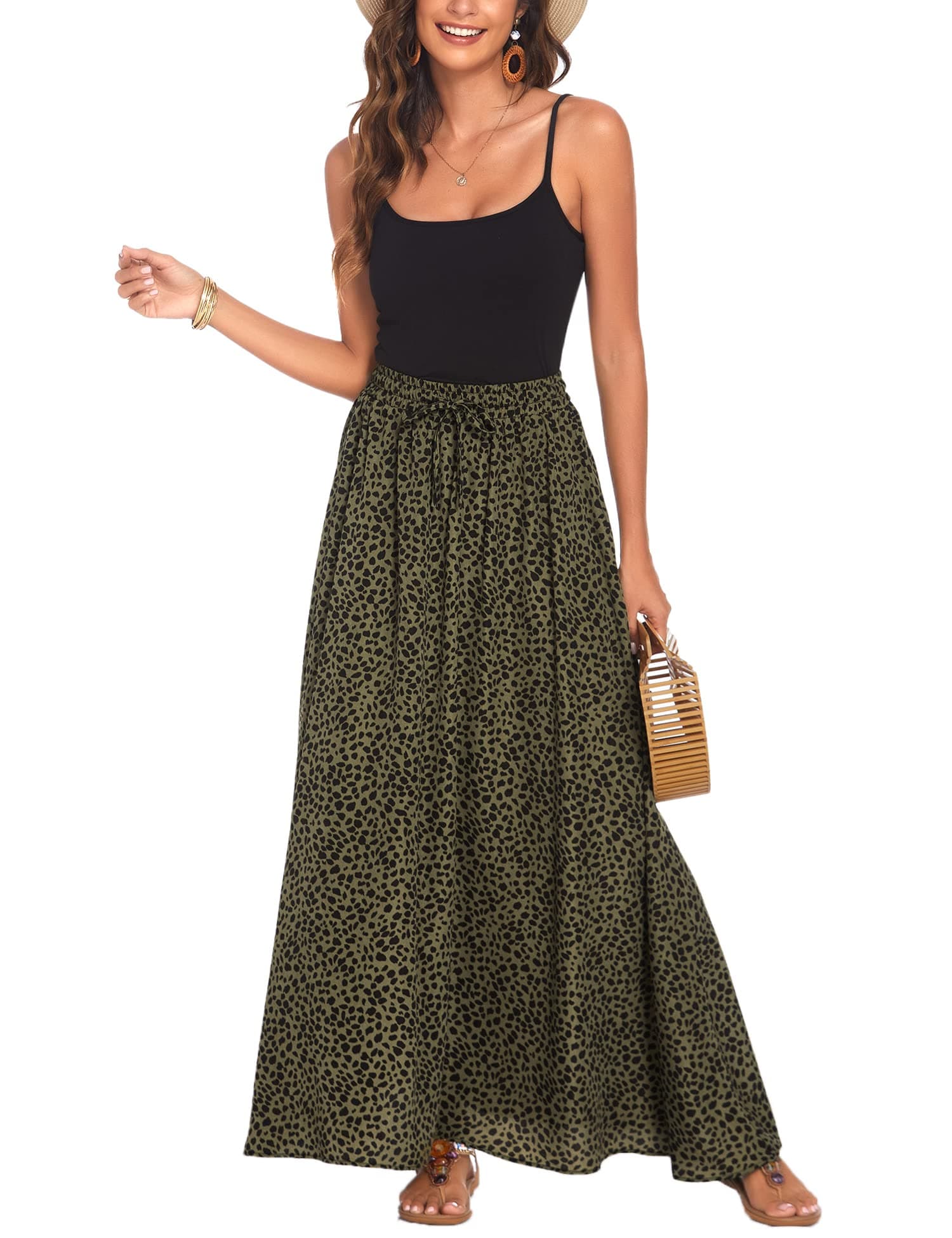 Women Flowy Long Skirts Summer Beach Pleated Elastic High Waisted Casual Maxi Skirts