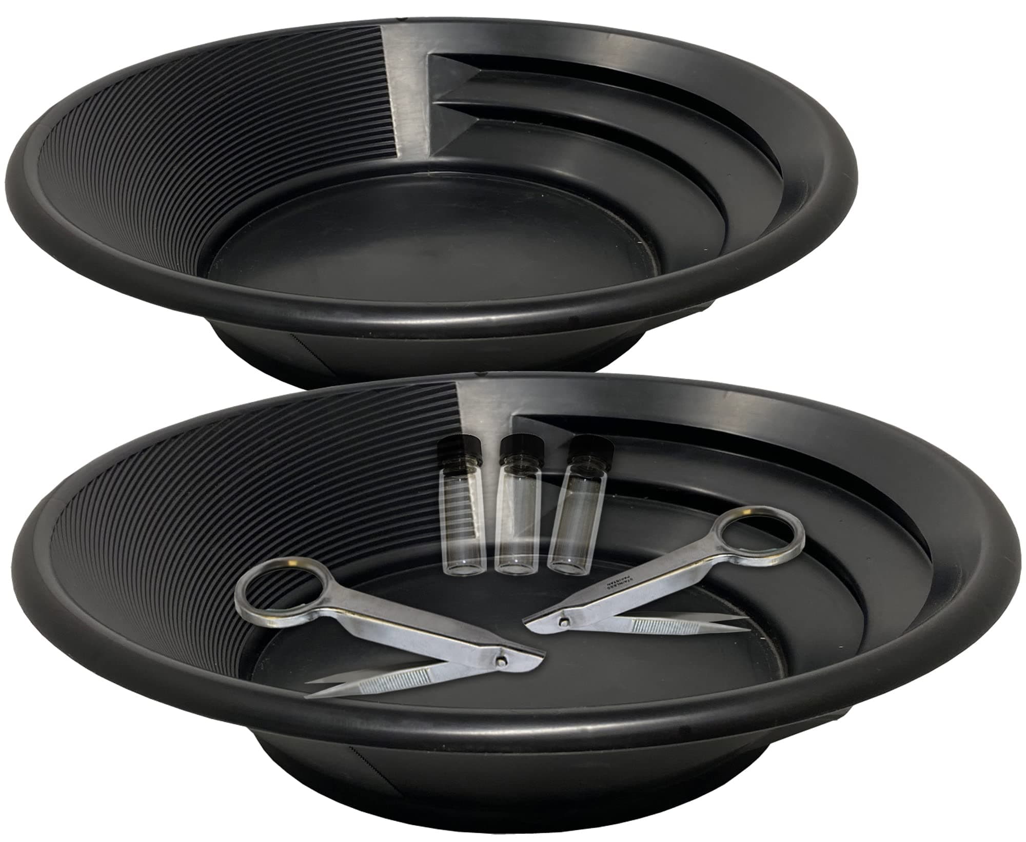 Sluice Fox Two Gold panning Kits; Black Pans with Trap and Dual riffles, Stainless Steel Magnifying Tweezers, and Three Glass Storage vials
