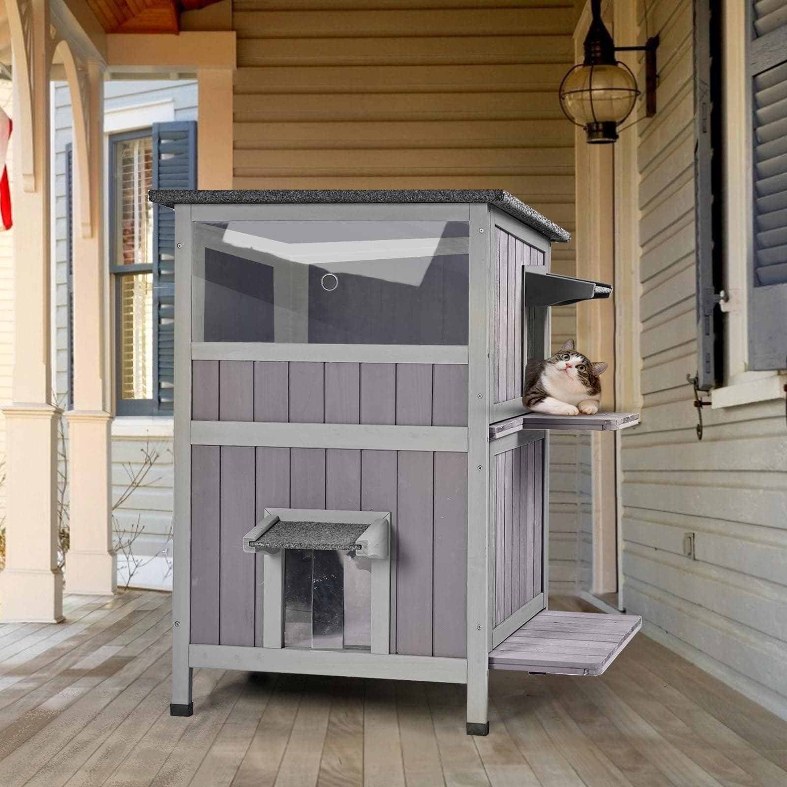 Aivituvin Outdoor Feral Cat House 2-Story Cat Cottage Kitten Shelter with Window (L-A)