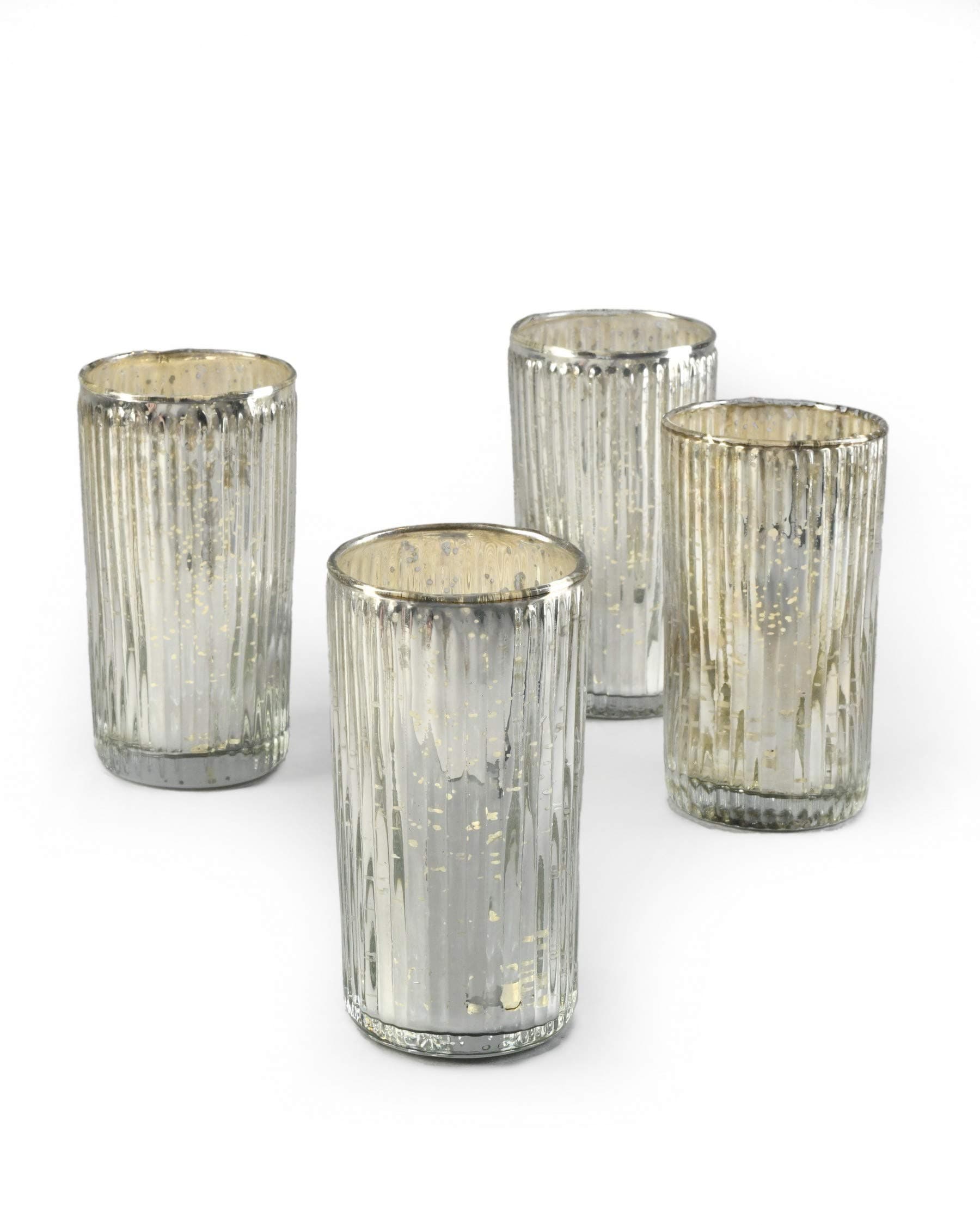 Serene Spaces Living Set of 4 Large Silver Ribbed Votive Candle Holders, Mercury Glass Finish, Ideal for Weddings, Events, Measures 5" Tall and 2.75" Diameter