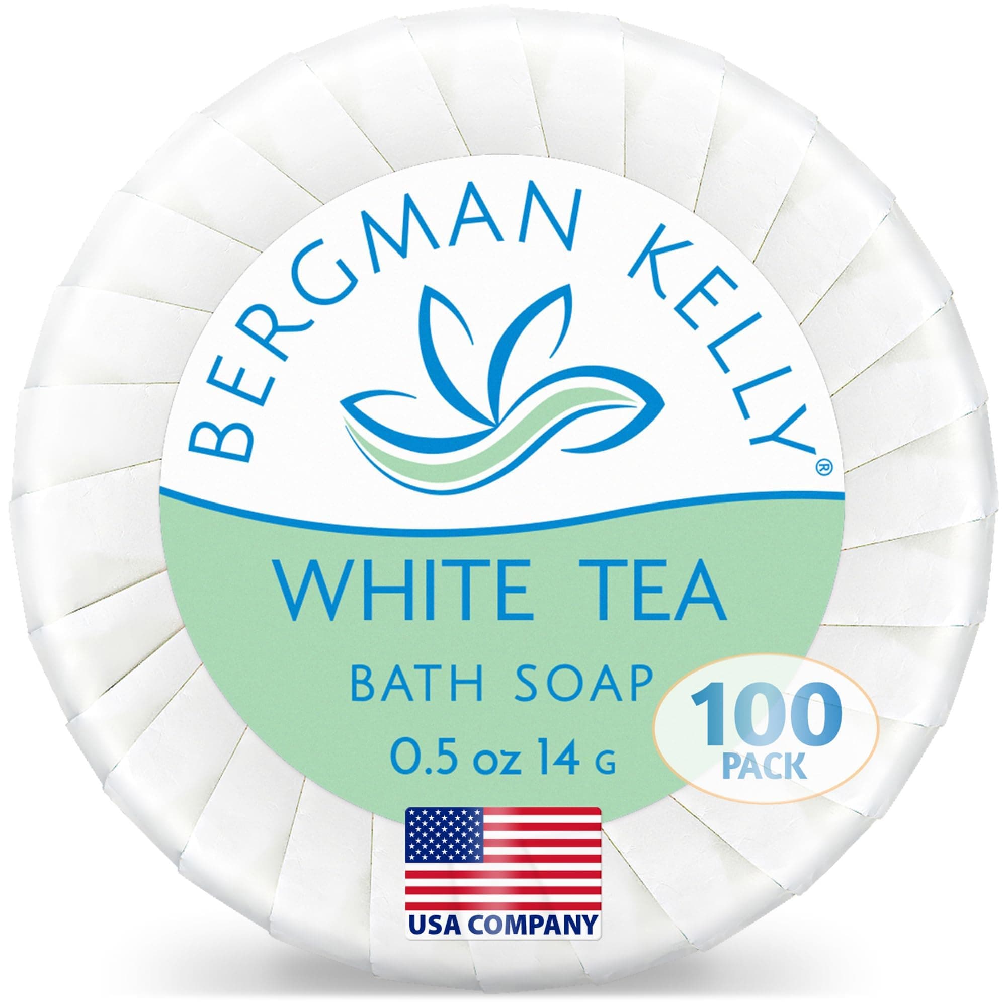 BERGMAN KELLY - Hotel Soap Bars - White Tea, 0.5 oz, 100 PK - Travel Size Luxury Bulk Amenities Bar Soap - Mini Individually Wrapped Round Soap - Small Toiletries for Airbnb, Motel, Guest Bathroom