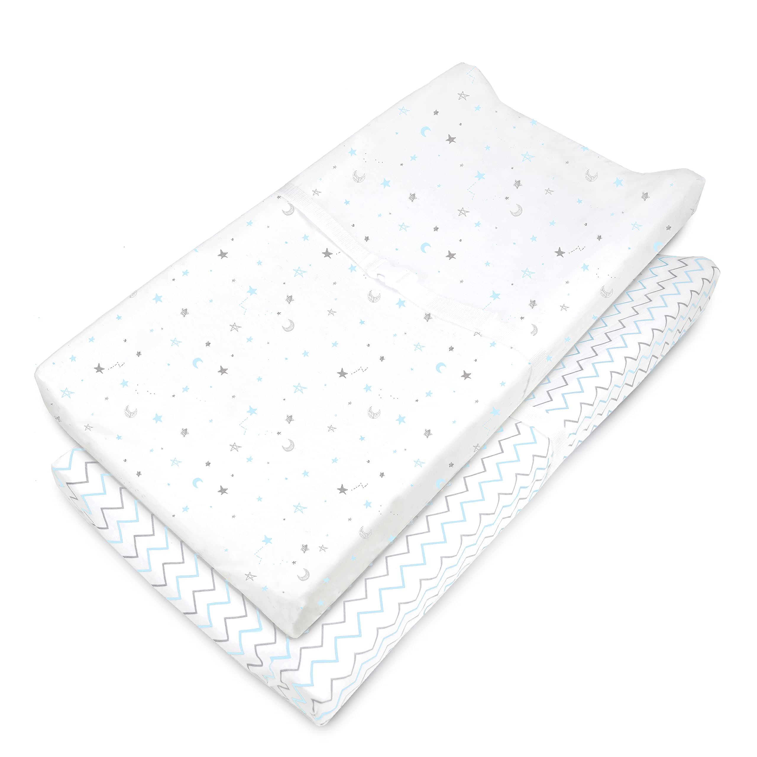 2 Pack Printed 100% Cotton Knit Fitted Contoured Changing Table Pad Cover - Compatible with Mika Micky Bassinet, Blue Stars and Zigzag, for Boys and Girls