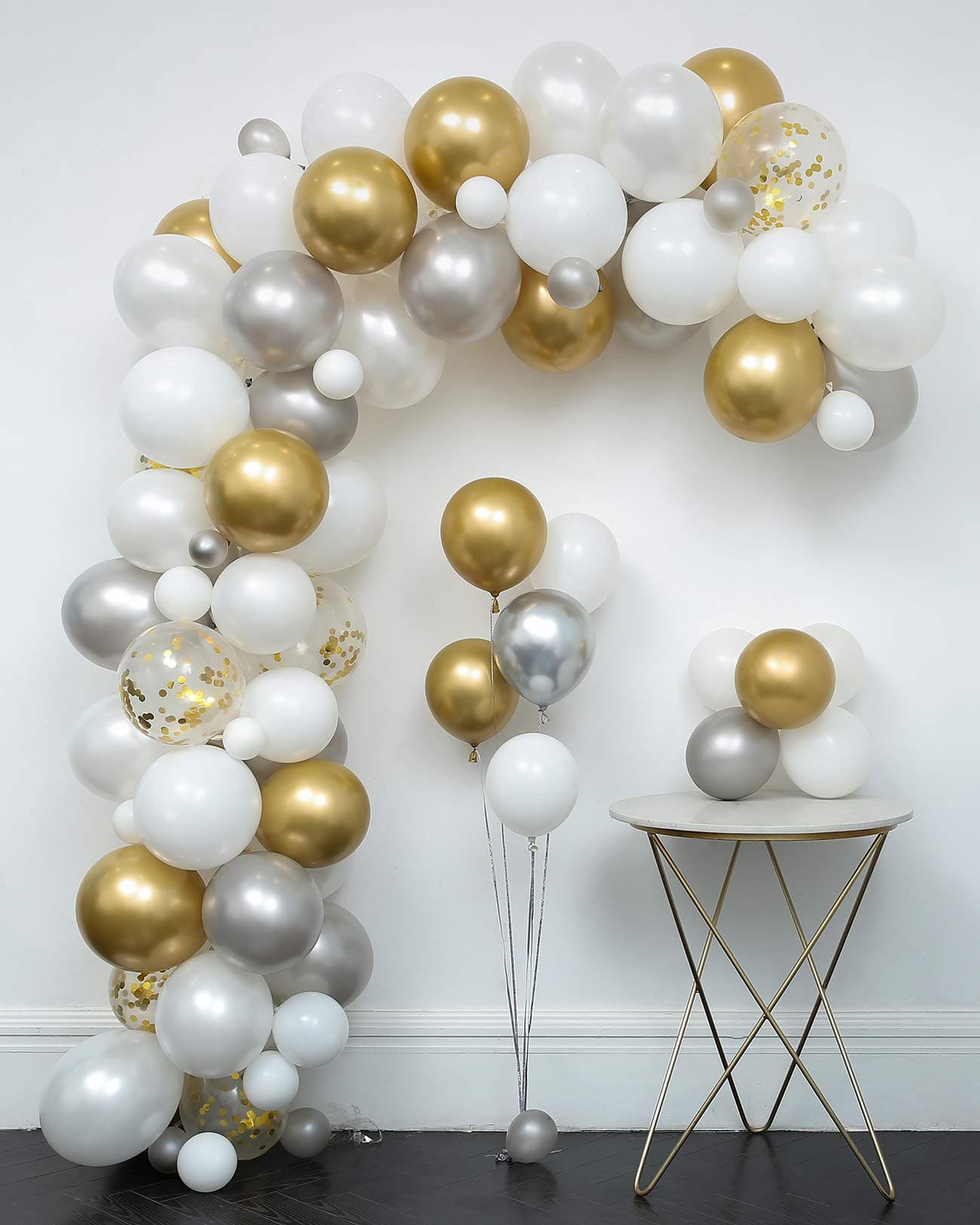 White and Gold Confetti Balloons Arch & Garland Kit 110 pcs 12in Latex Metallic Pearlescent Balloon with Decorating Strip+Tying Tools+Points Stickers+Flower Clips+Silver Ribbons for Wedding Decoration
