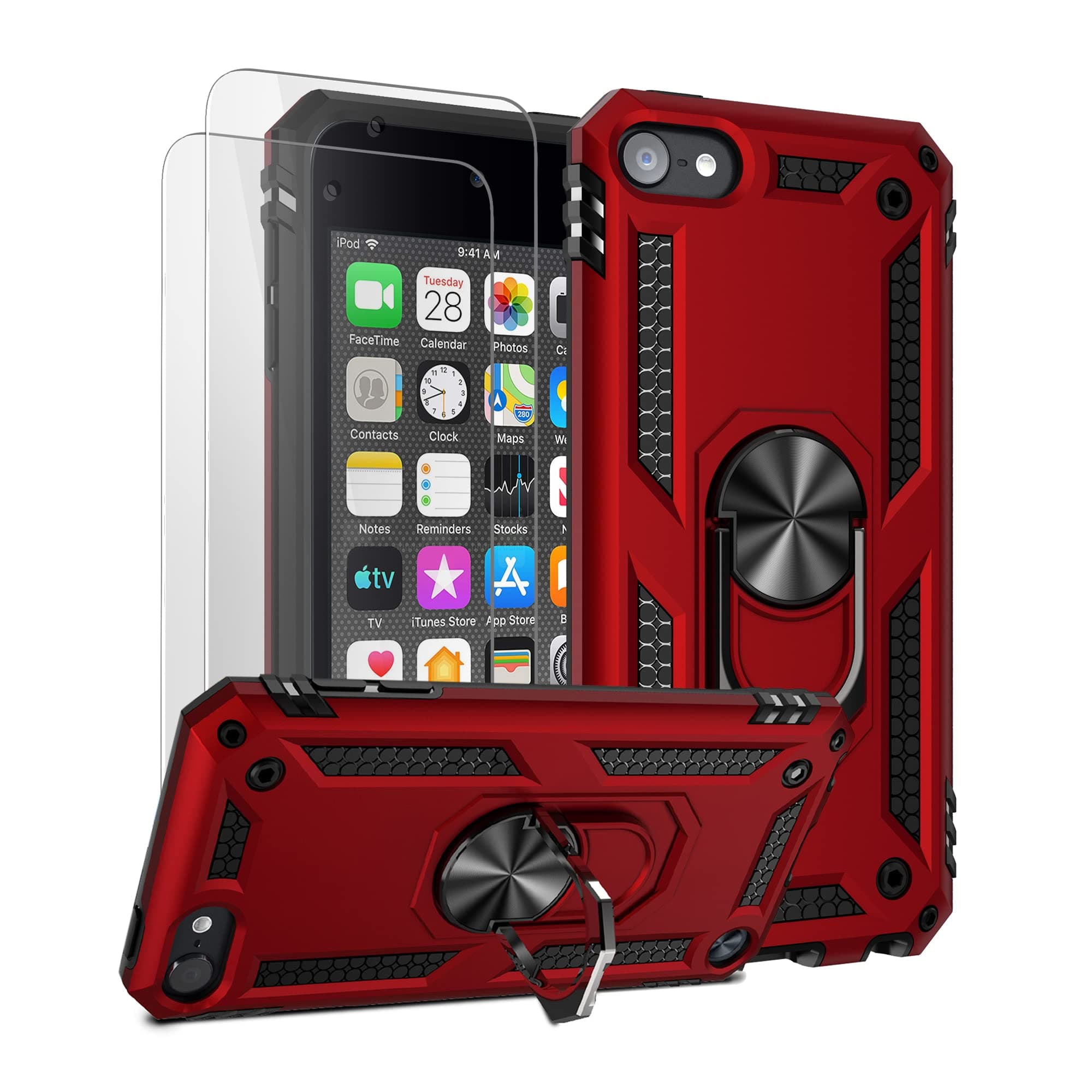 ULAK Compatible with iPod Touch 7/6/5 Case with 2 HD Screen Protectors, Hybrid Rugged Shockproof Cover with Built-in Kickstand for iPod Touch 7th/6th/5th Generation (Red)