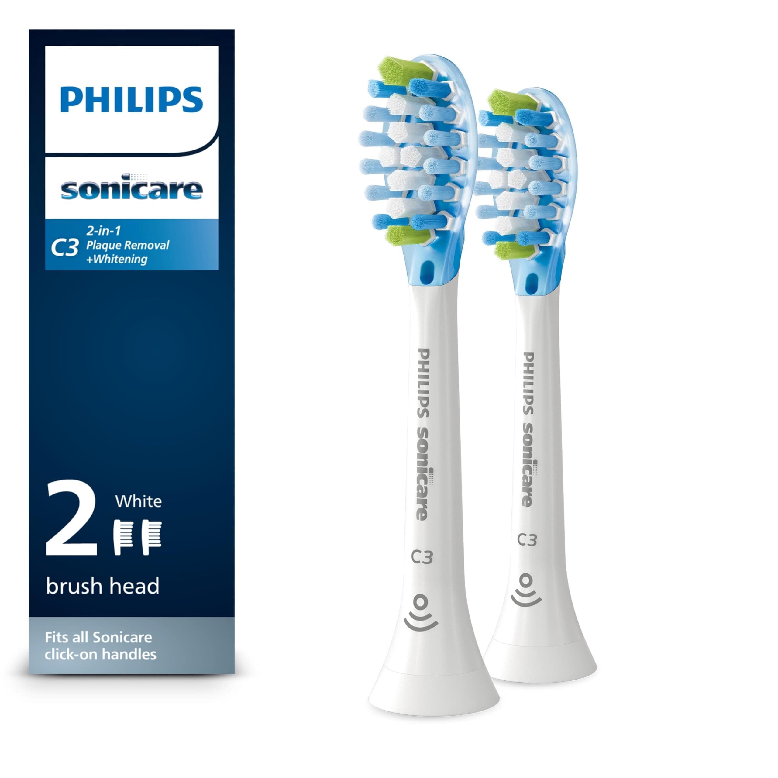 Sonicare Philips Genuine C3 Premium Plaque Control Replacement Toothbrush Heads, 2 Brush Heads, White, HX9042/65